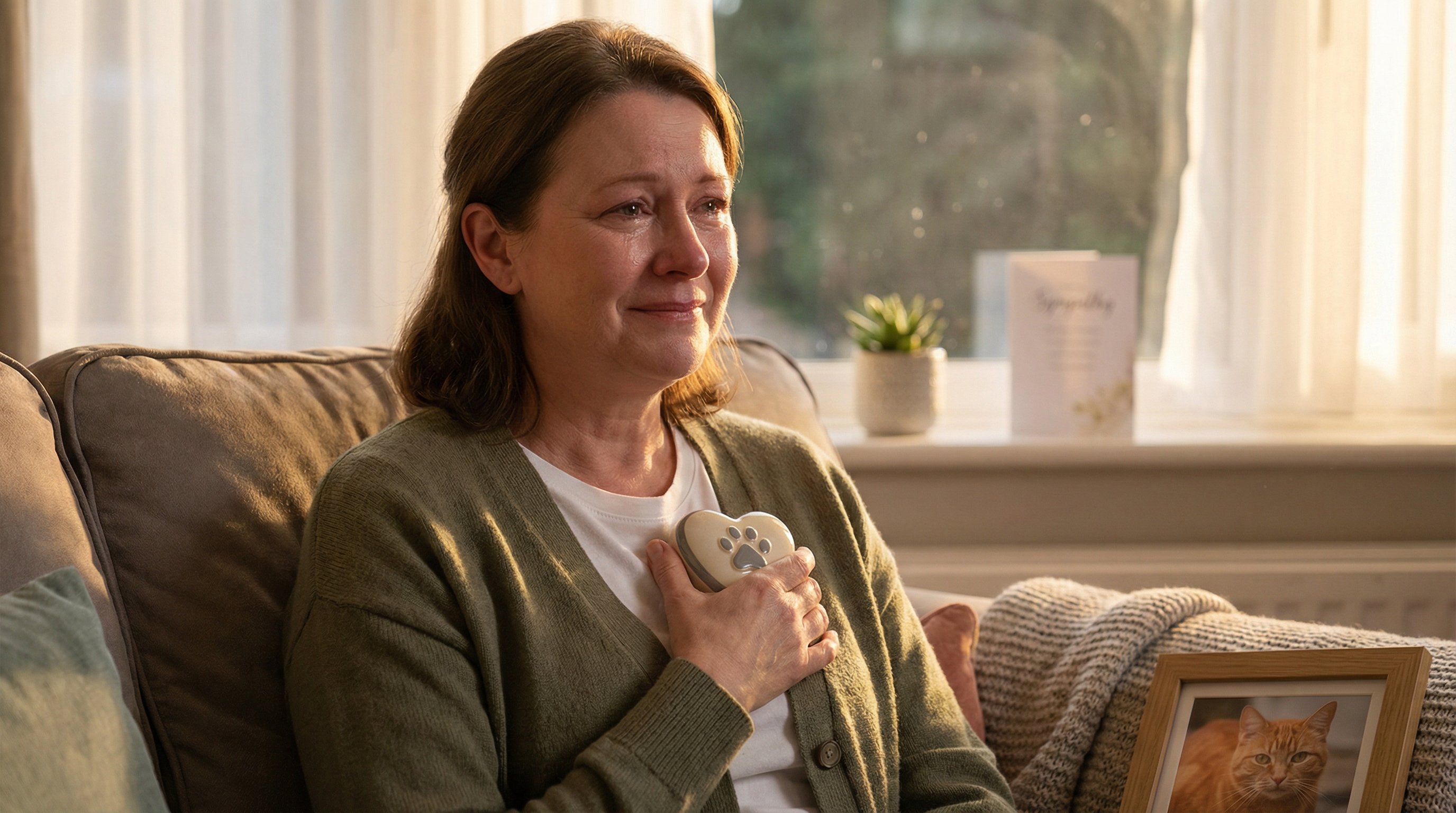 Woman holding a cat memorial keepsake on a couch in warm afternoon light.