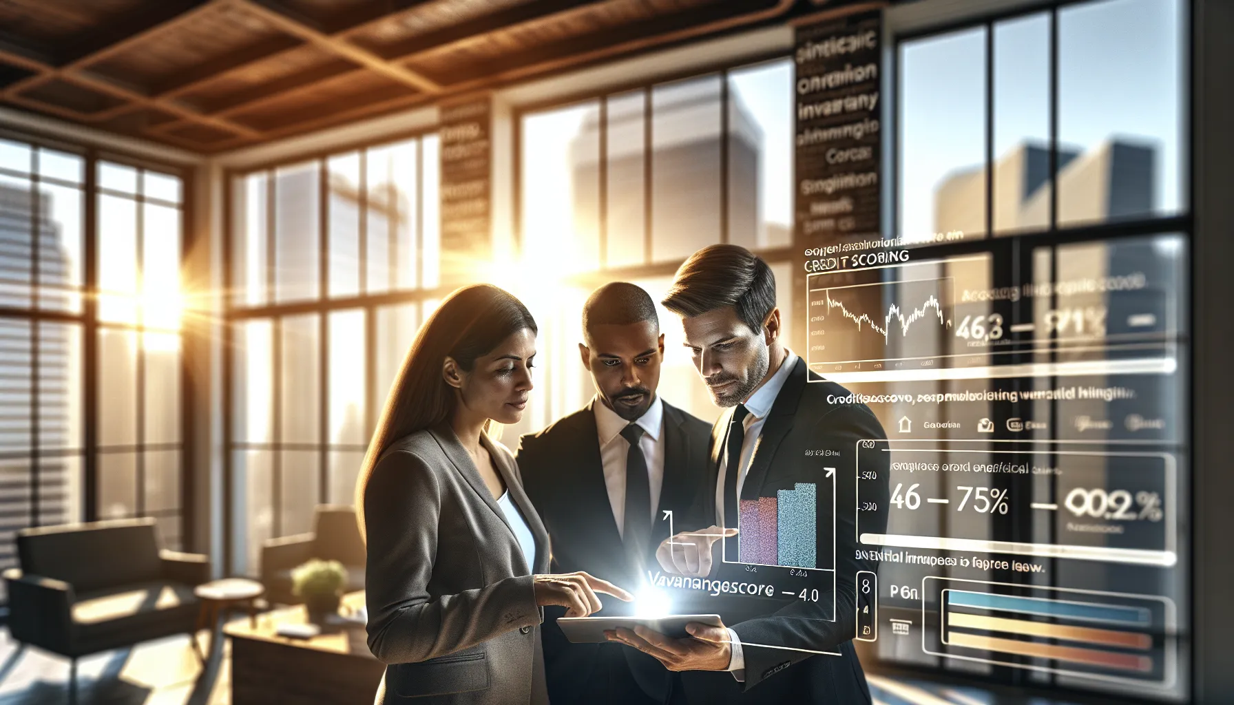 People in a modern office discussing credit scoring models using a tablet.