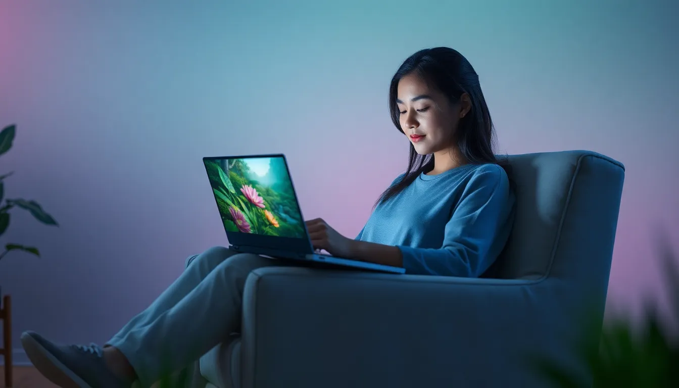 gamer peacefully exploring a lush virtual forest on a laptop.