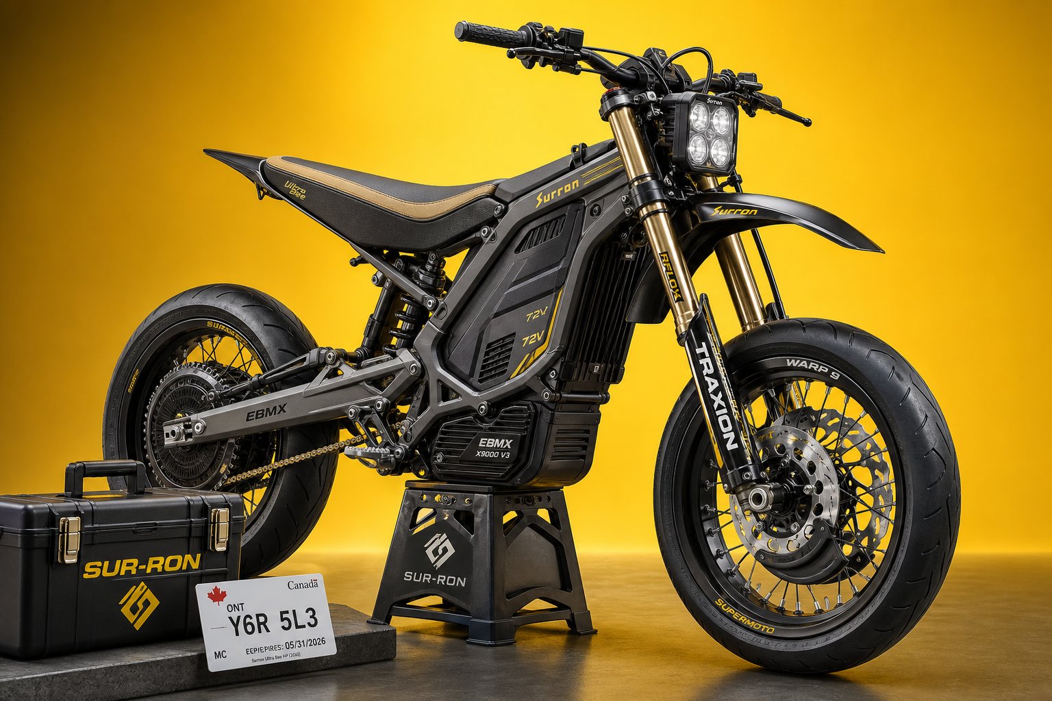 3D render of a Surron Ultra Bee HP ebike in showroom lighting.