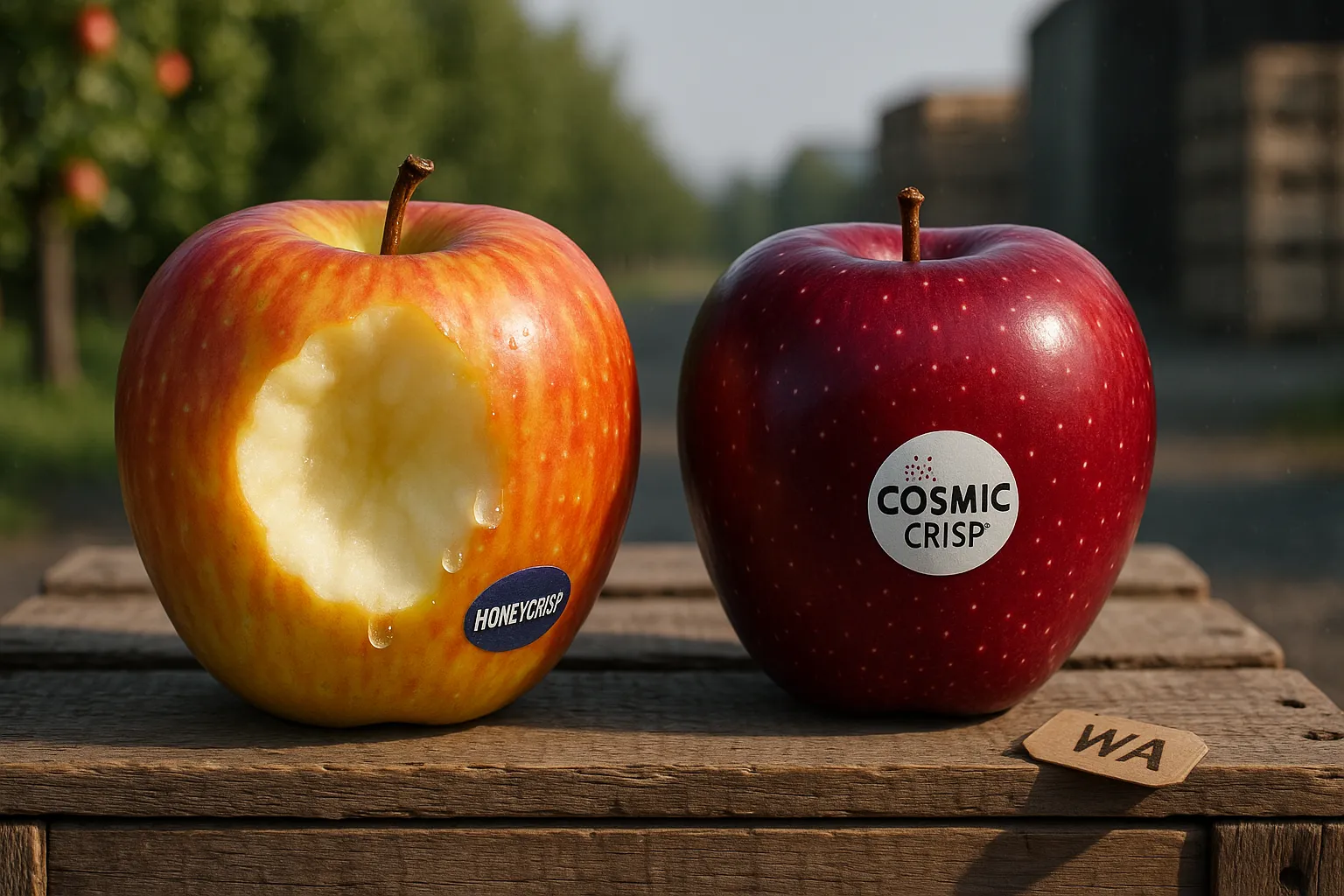 Bitten Honeycrisp next to a whole Cosmic Crisp on a wooden packing crate.