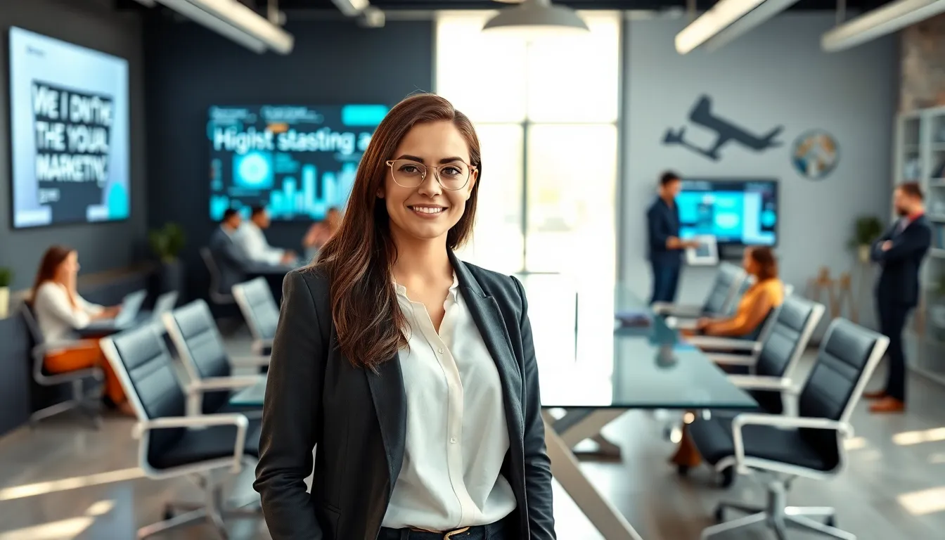 Young professional Ann Anderson in a modern office setting.