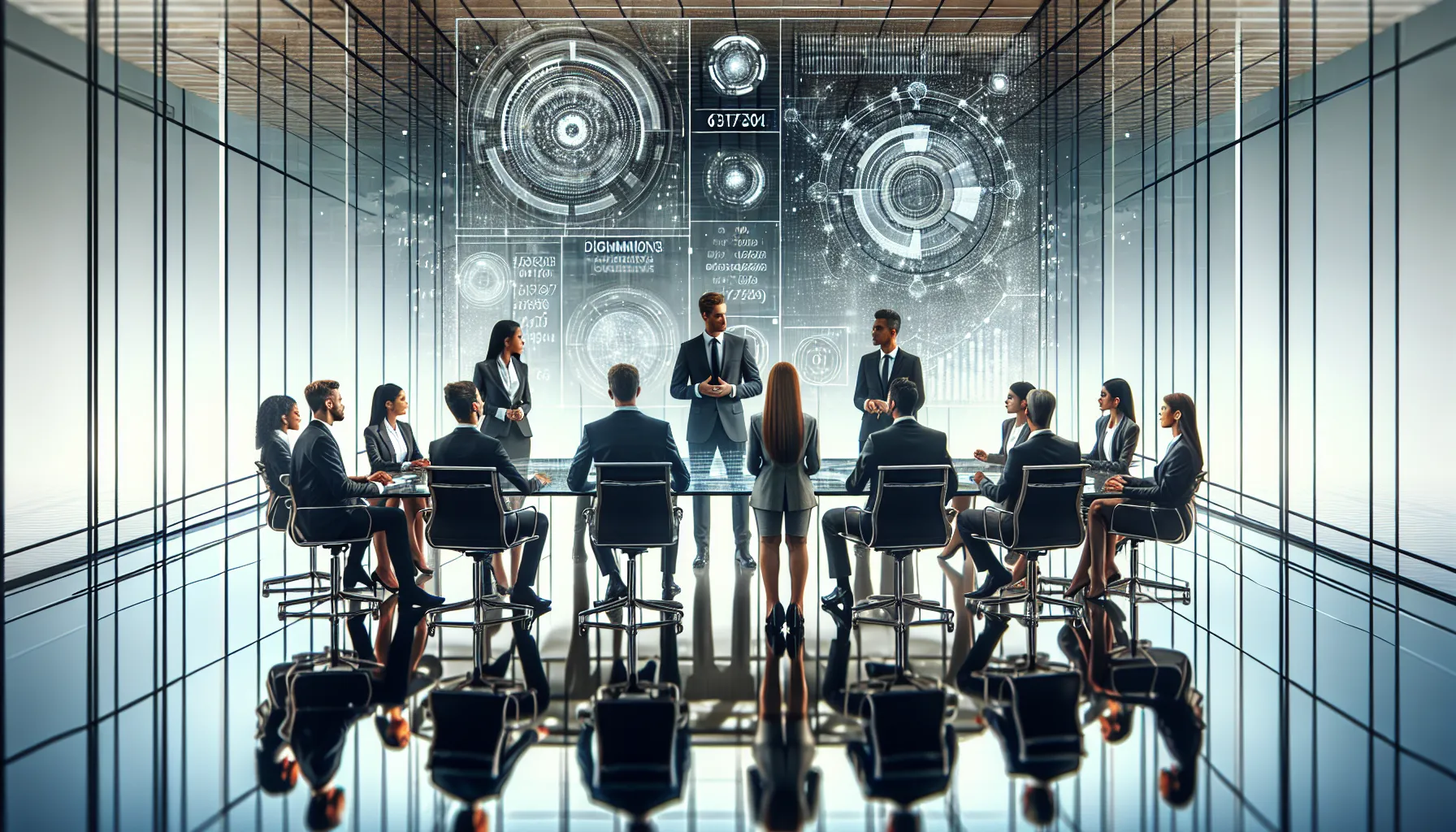 diverse professionals discussing data technology in a modern office.