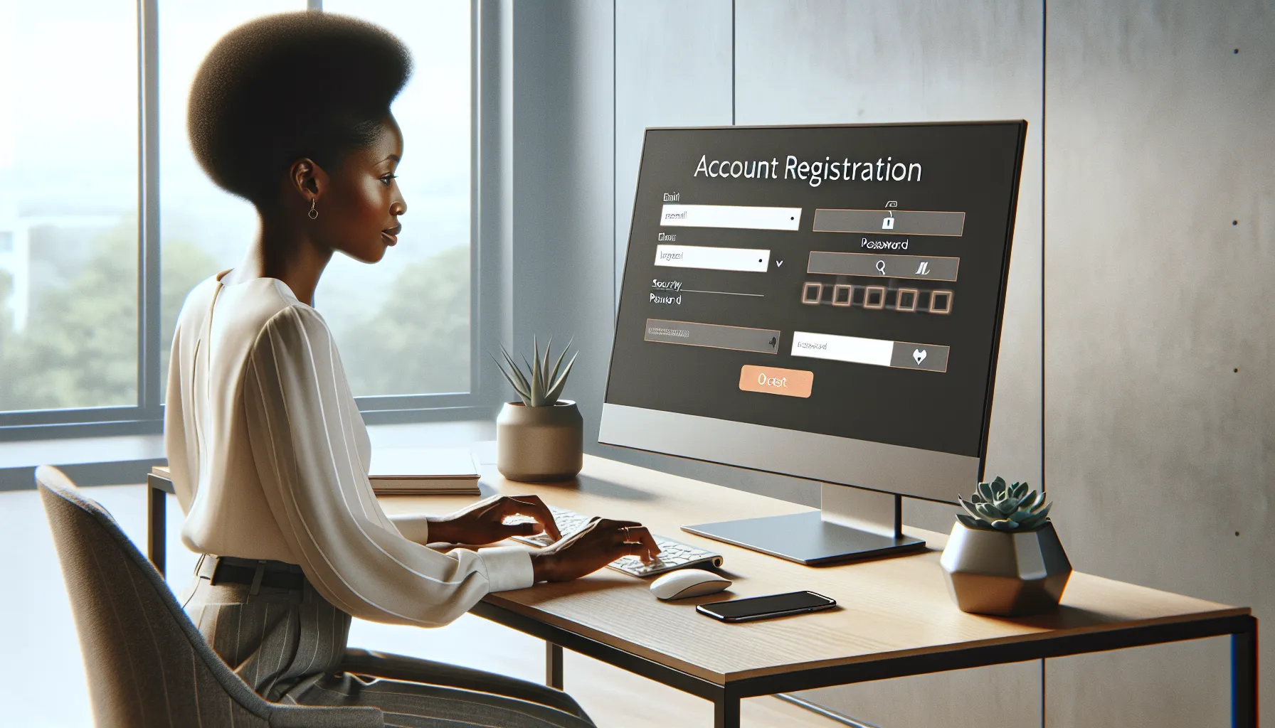 Professional at desk creating OrangeX account on laptop in modern office.