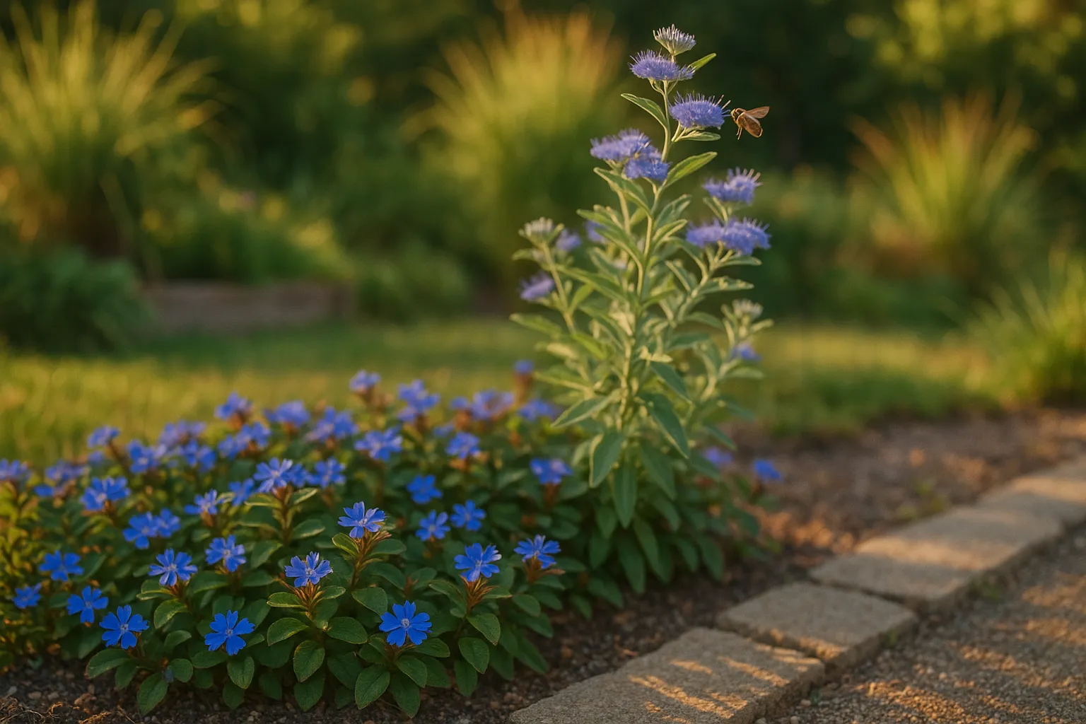 Low blue-flowering groundcover in front of a mounded, bee-attracting Caryopteris shrub.