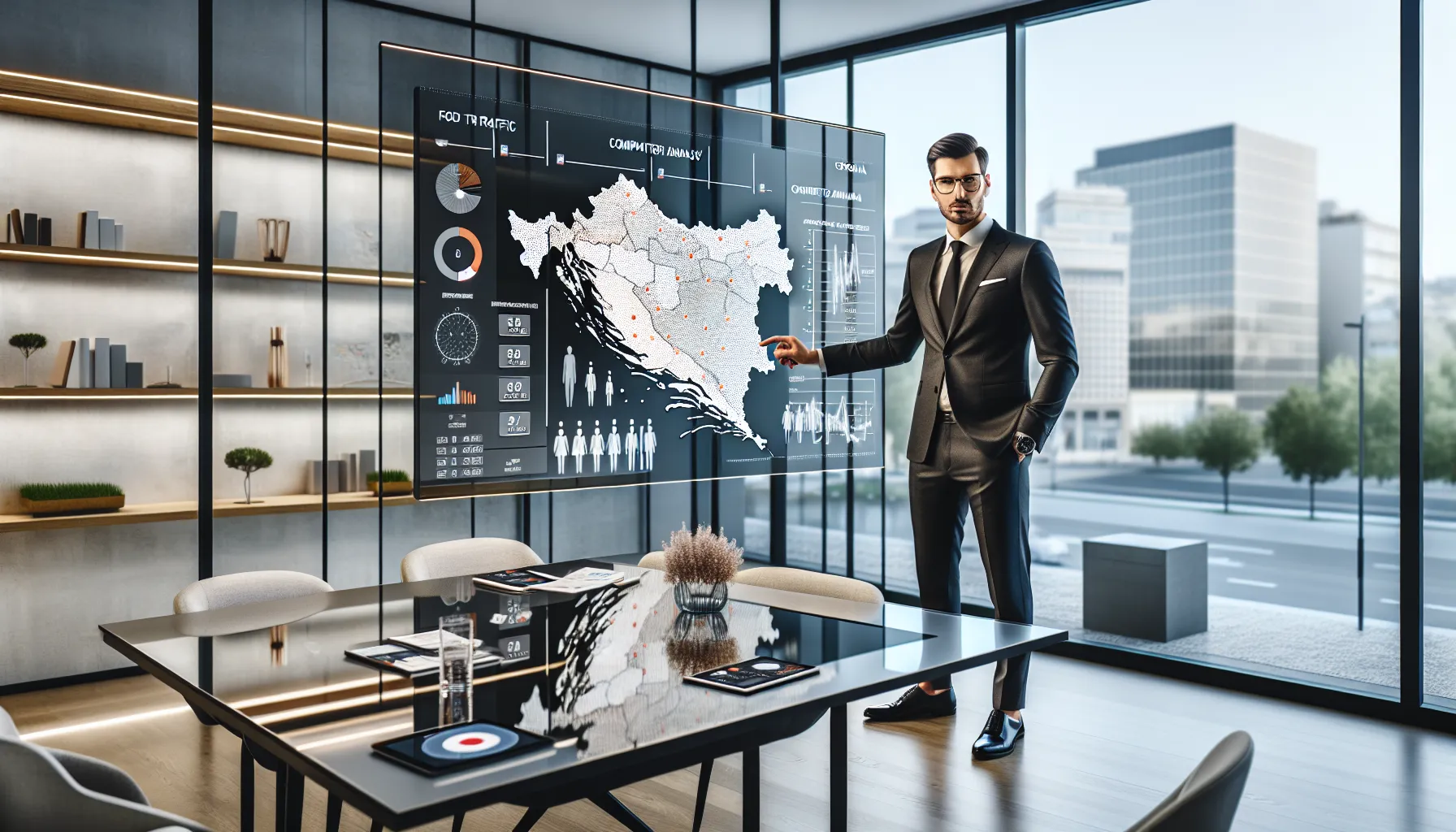 Business consultant analyzing retail market data and location planning in modern Croatian office.