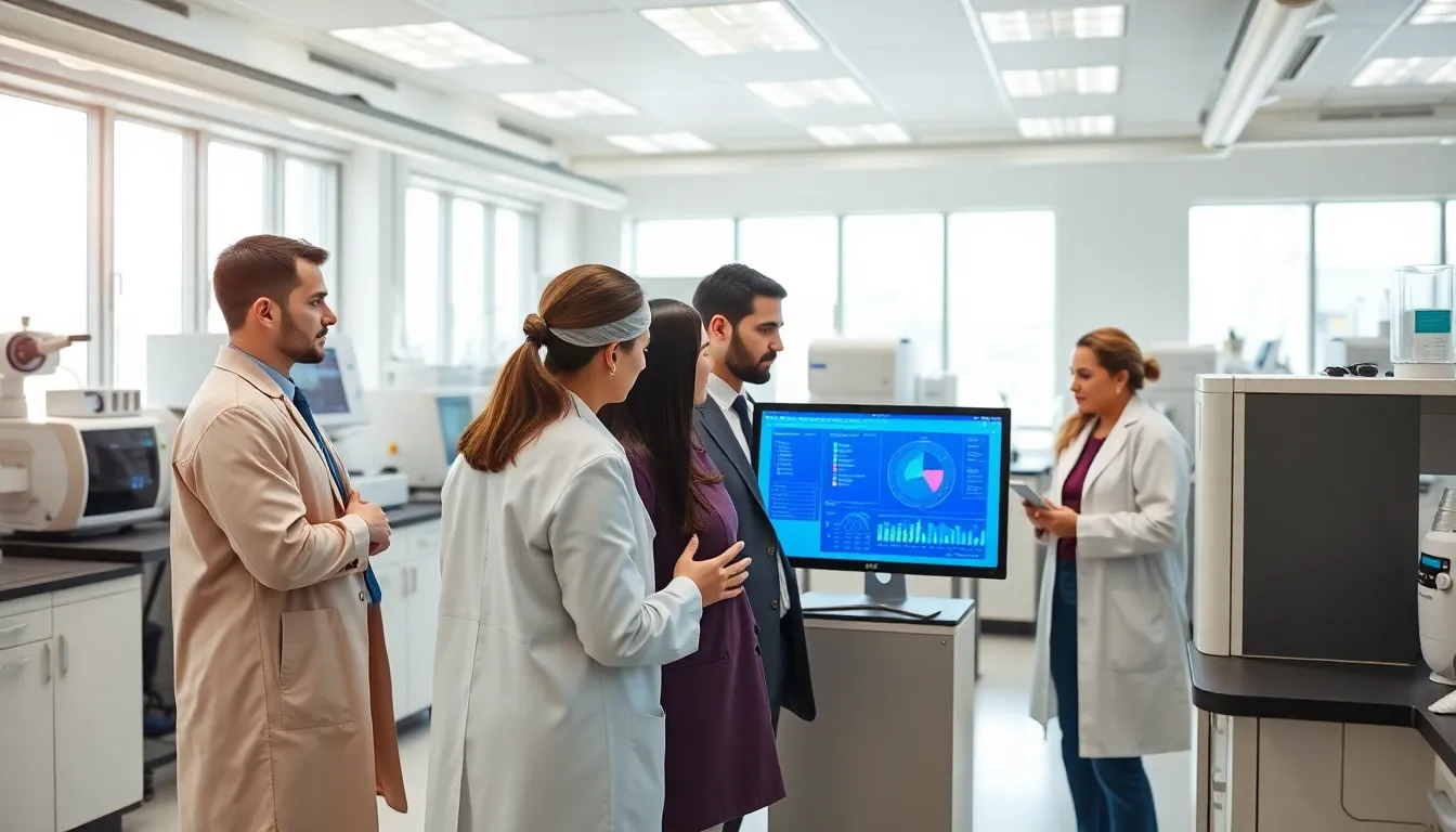 diverse team collaborating in a modern biotech lab.