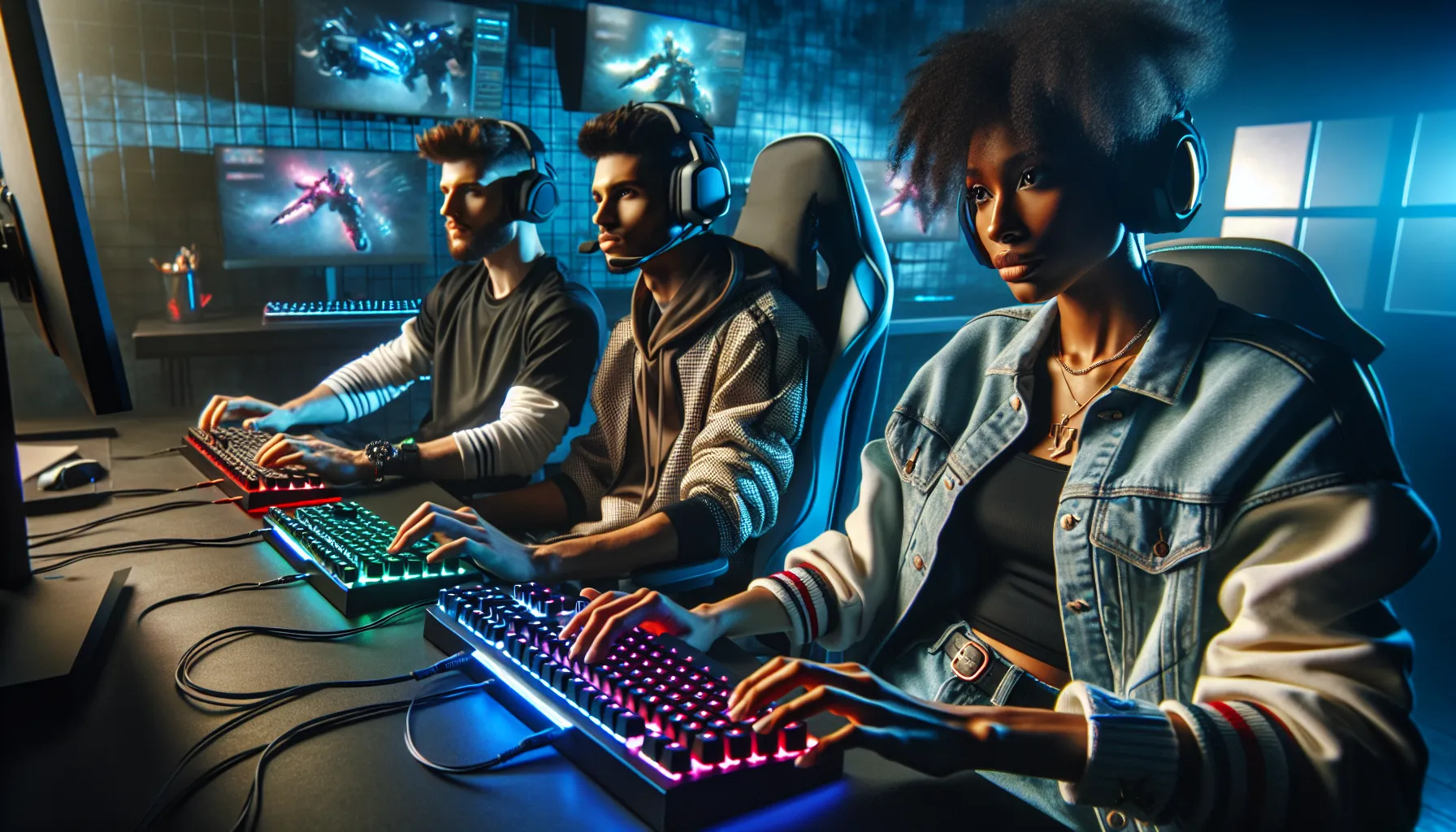 diverse gamers focused on gameplay with tilted keyboards in a modern setup.