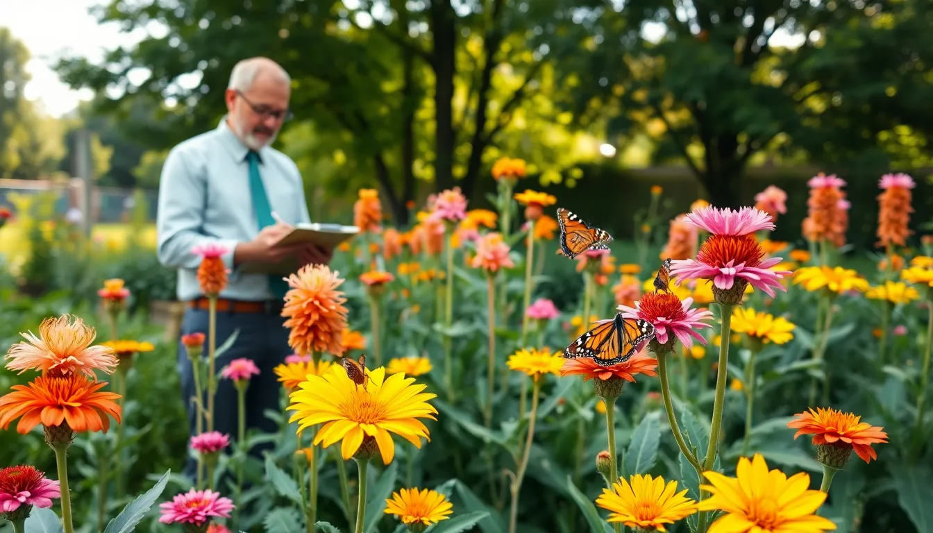gardener examining vibrant milkweed flowers with butterflies in a serene garden.