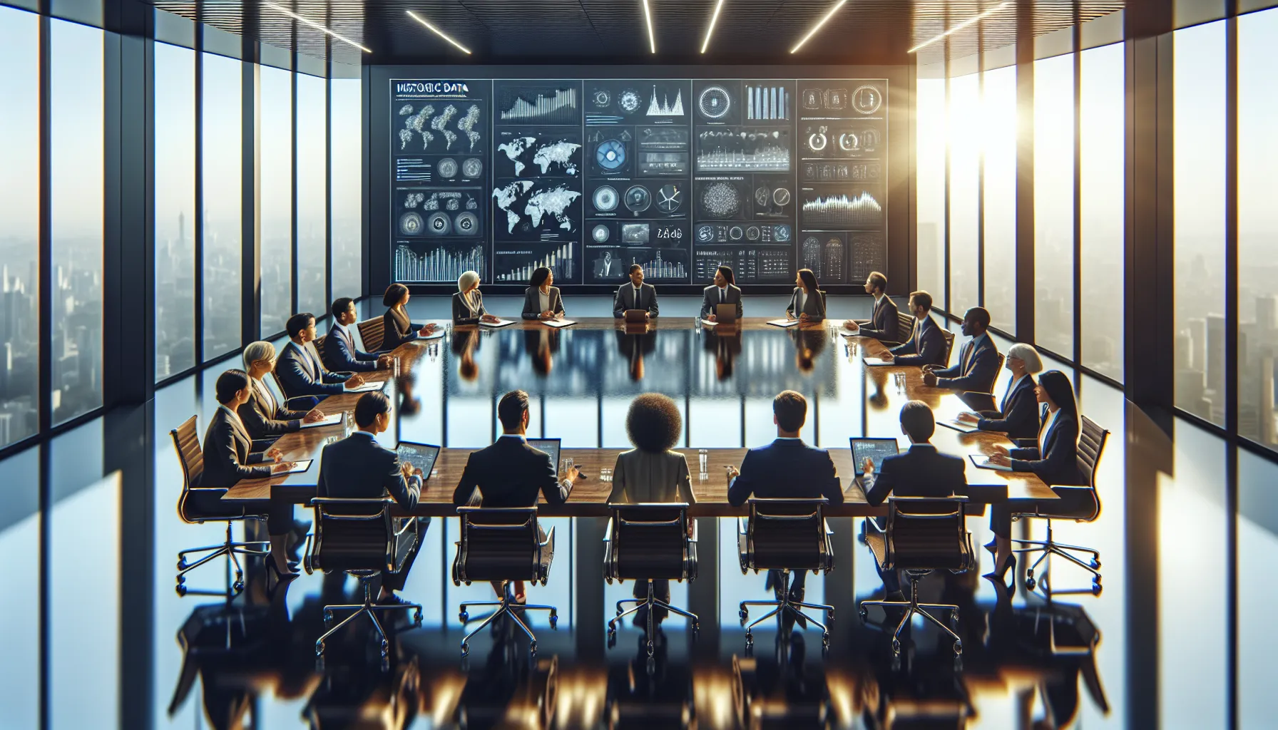 professionals discussing historical numbers in a modern conference room.