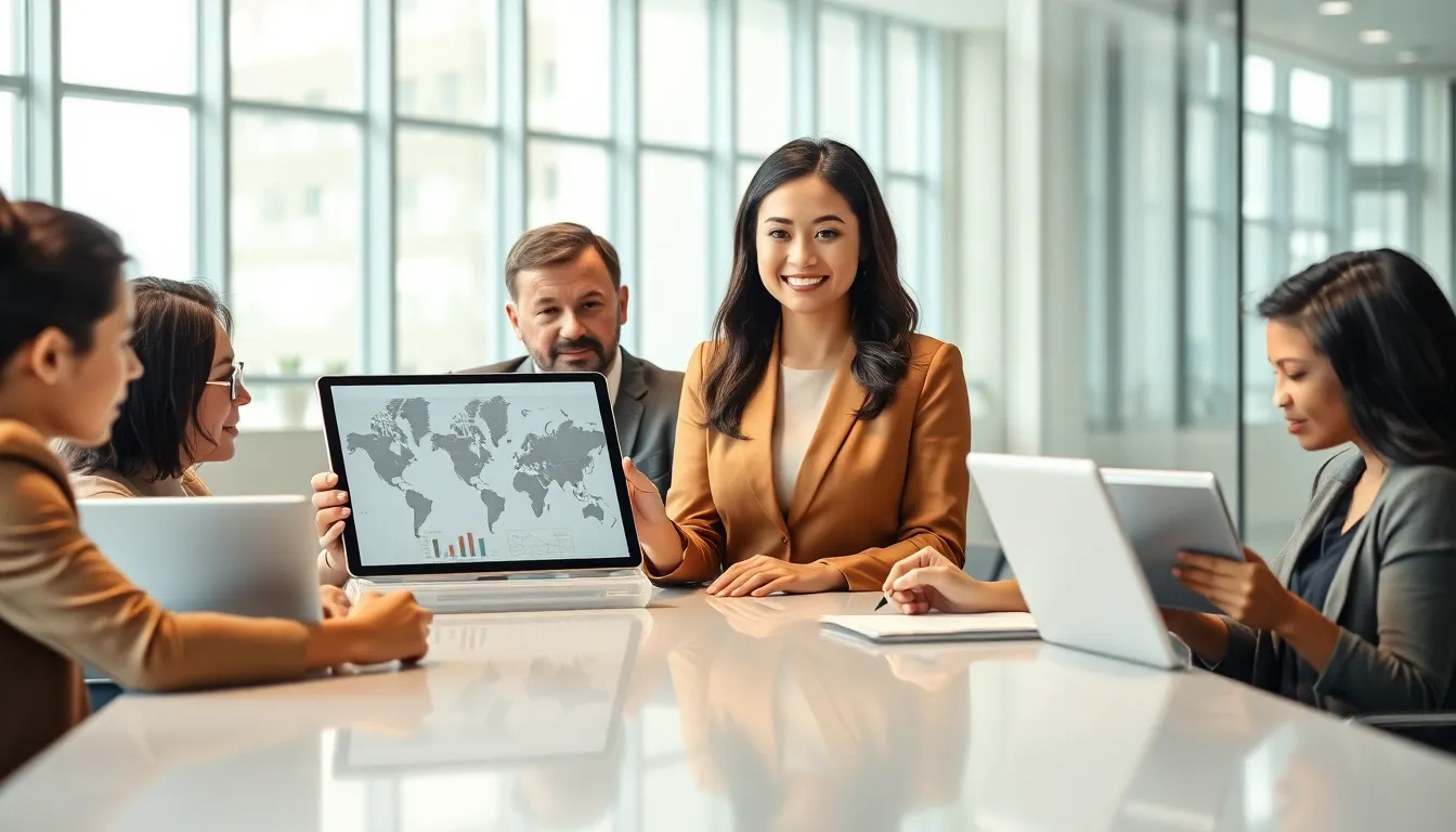 diverse professionals discussing international mortgage lending in a modern office.