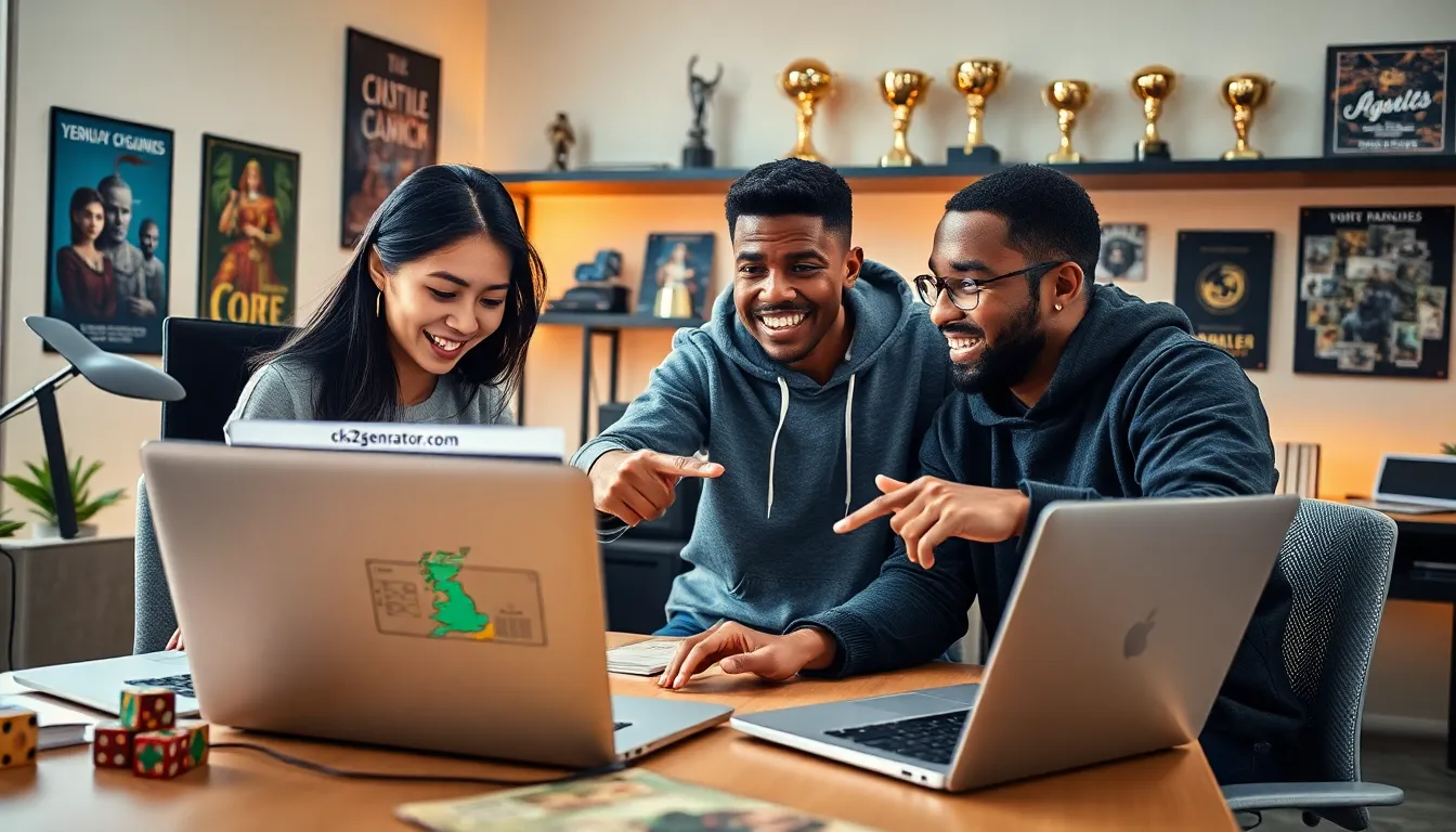 diverse gamers collaborating in a modern workspace on character creation.