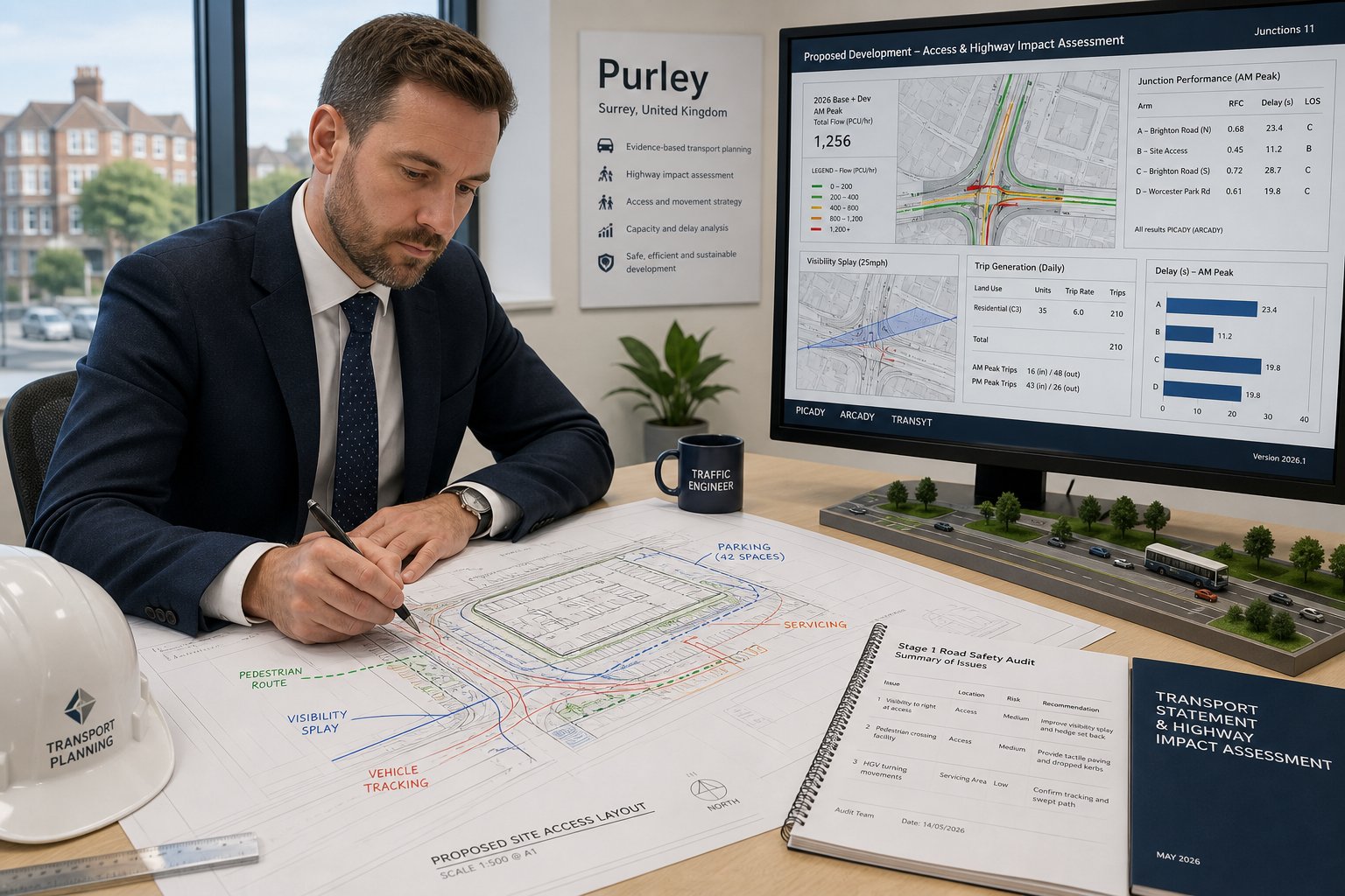 Traffic engineer reviewing site access and highway plans in a modern office.