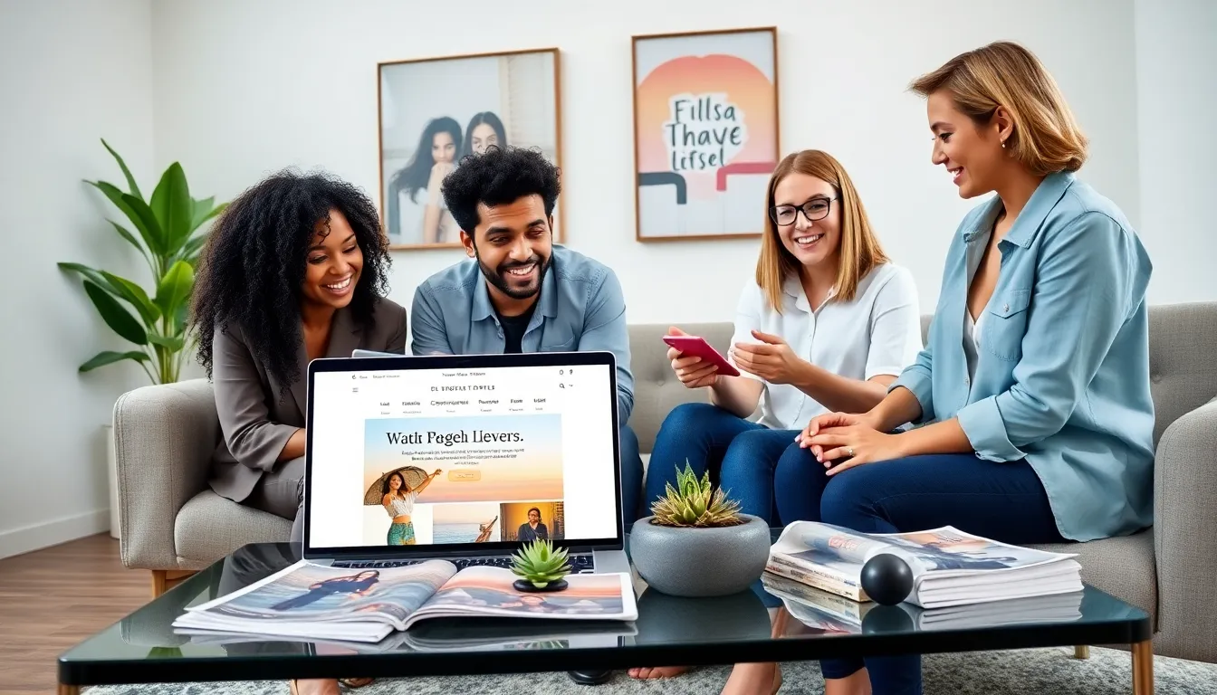 diverse team collaborating on a lifestyle website in a modern office.