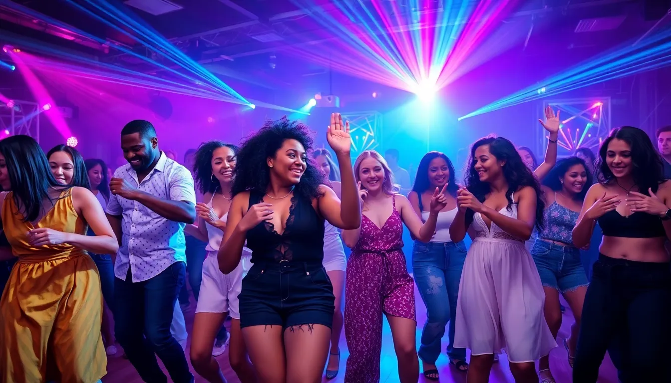 diverse group of young adults dancing joyfully on a vibrant dance floor.