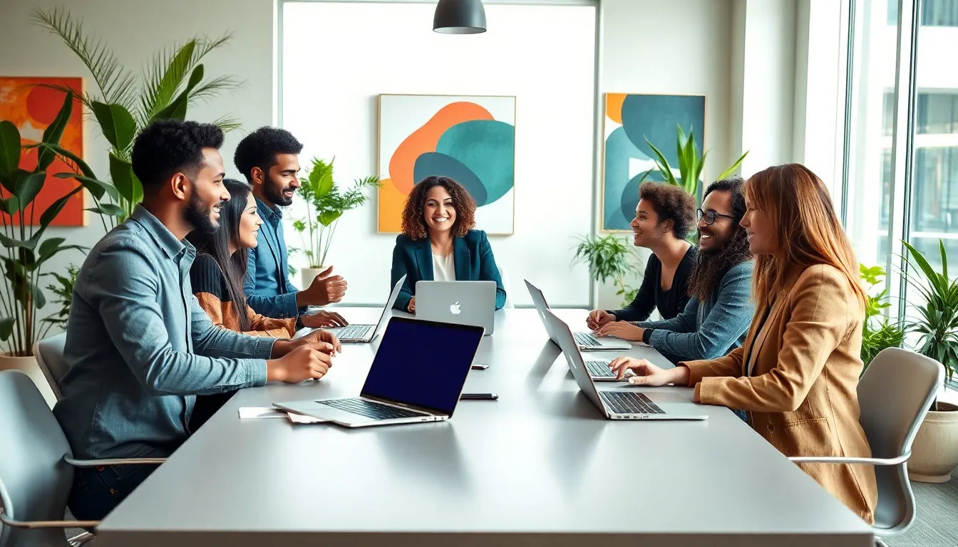 diverse team discussing digital content in a modern office setting.
