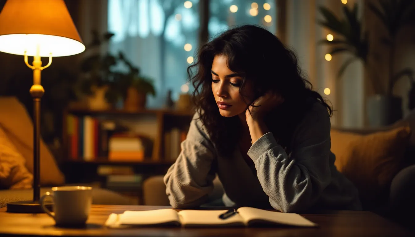 Woman sitting thoughtfully in a dimly lit room with an open journal nearby.