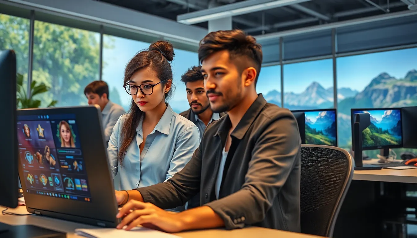 gamers in a modern office creating characters in Black Desert Online.