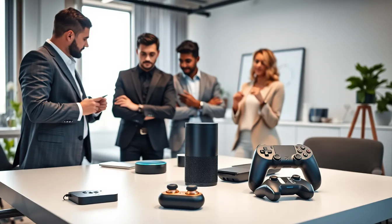 diverse professionals discussing electronic gadgets in a modern office.