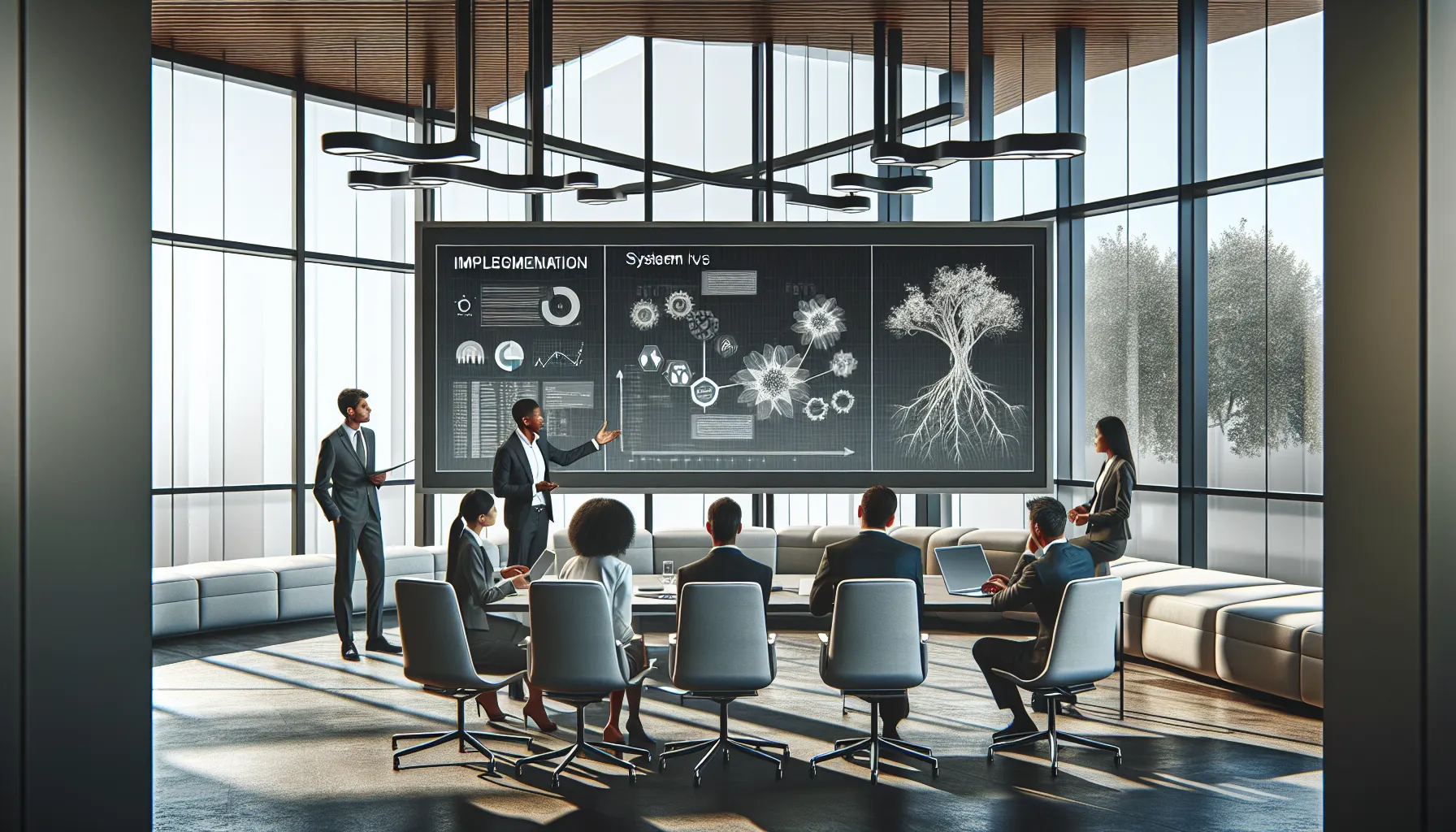 diverse professionals strategizing in a modern office setting.