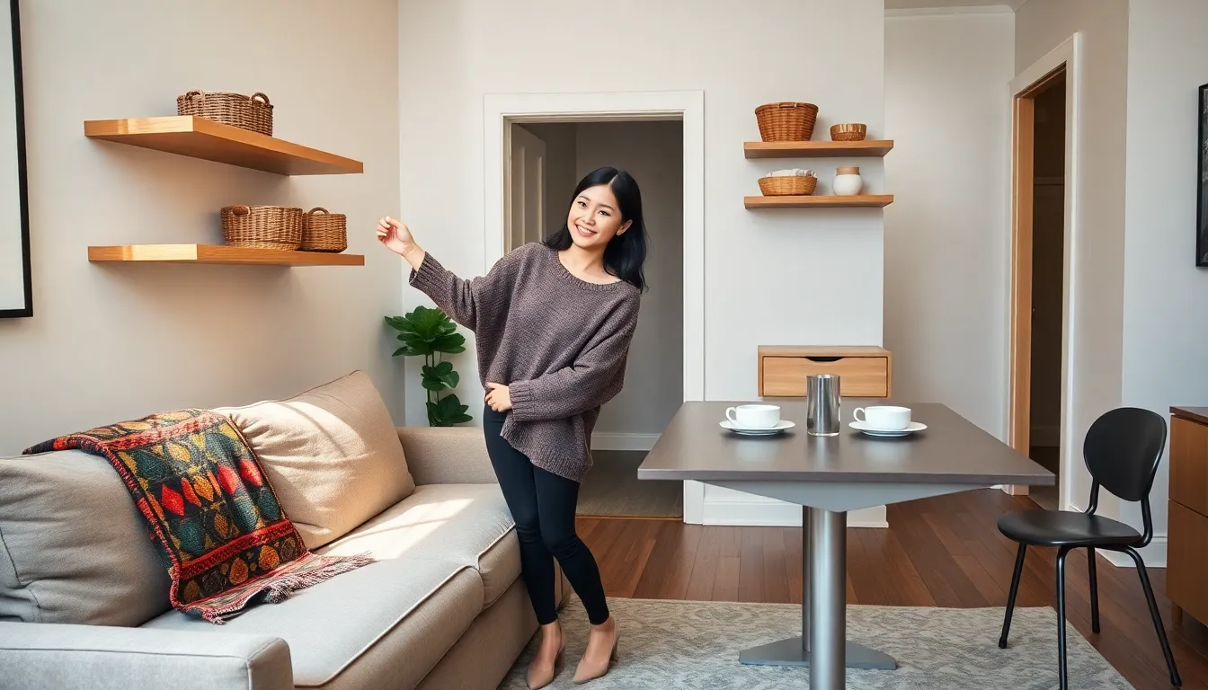 a woman organizing her stylish living room with multifunctional furniture.