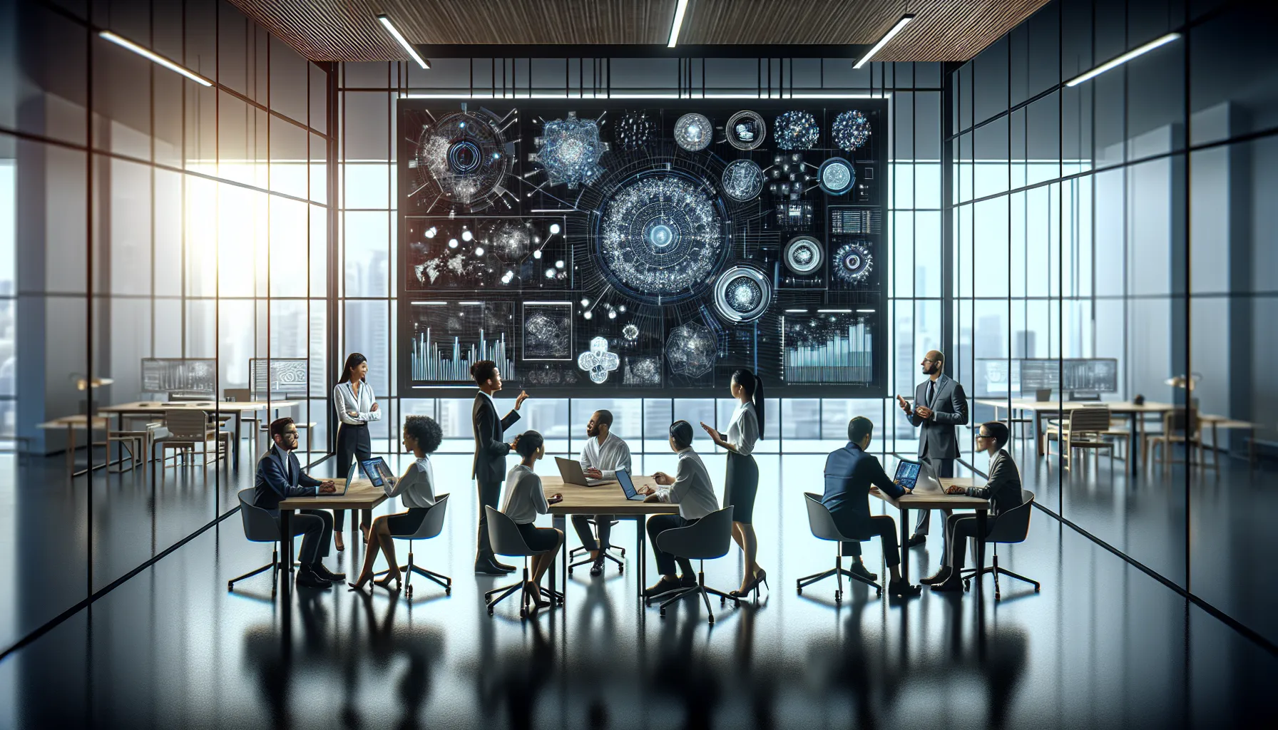 diverse professionals collaborating in a modern office on fkbpfqv advancements.