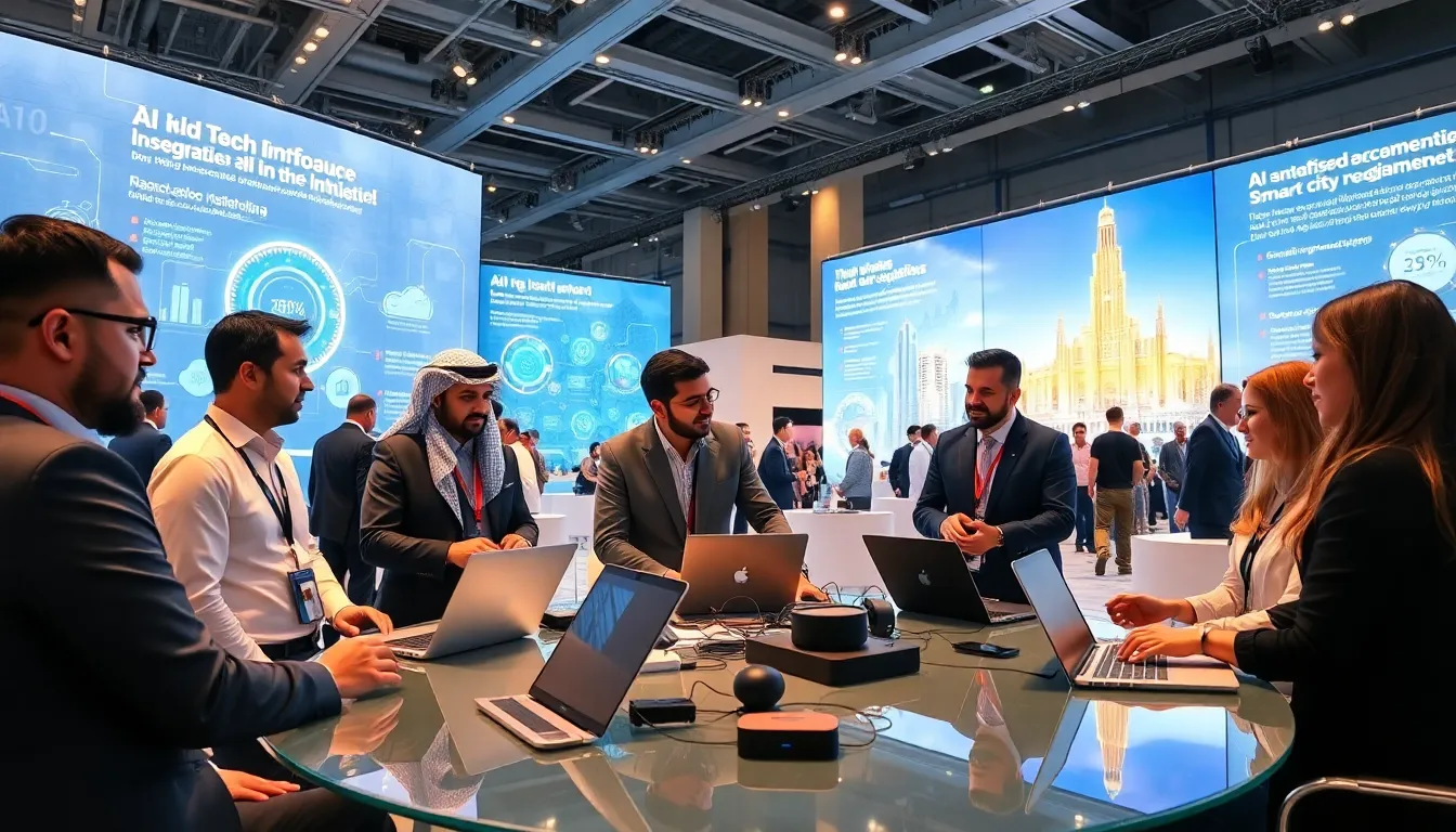 a diverse group of professionals at a tech conference in Dubai.