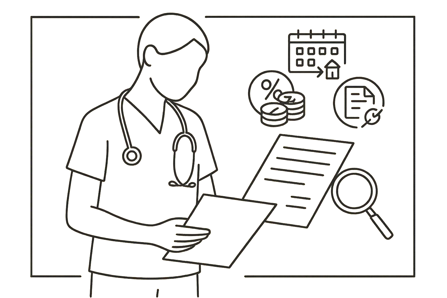 Nurse practitioner reviewing a loan benefit contract with icons for tax and clawbacks.