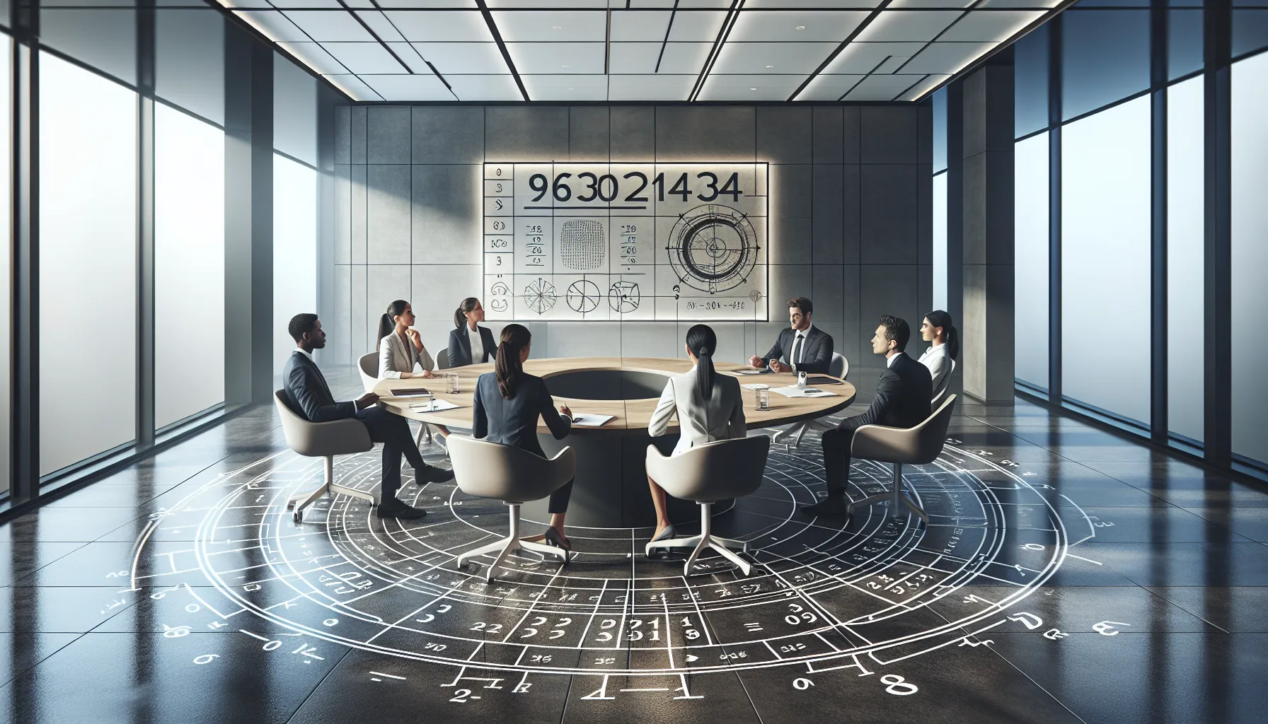 diverse professionals discussing the mathematical significance of 963021434.