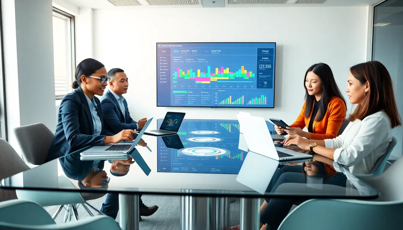 diverse team collaborating on a tech project in a modern office.