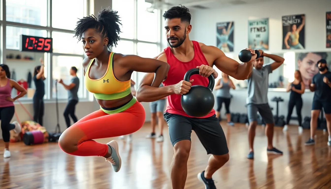 a diverse group participating in a HIIT training session in a modern gym.