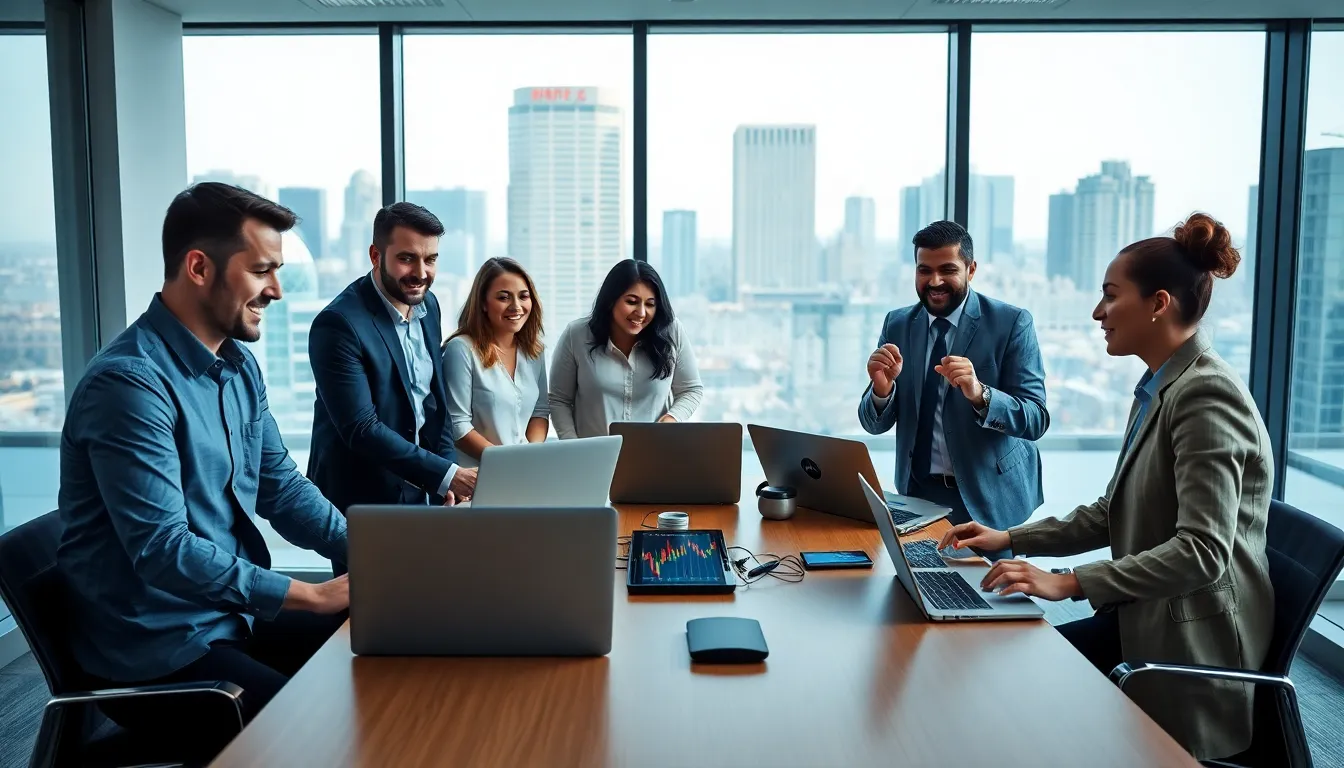 diverse team discussing cryptocurrencies in a modern office.