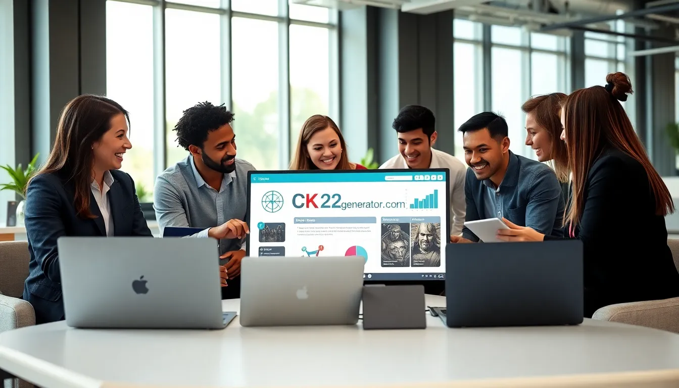 diverse team collaborating on Ck2generator.com in a modern office.