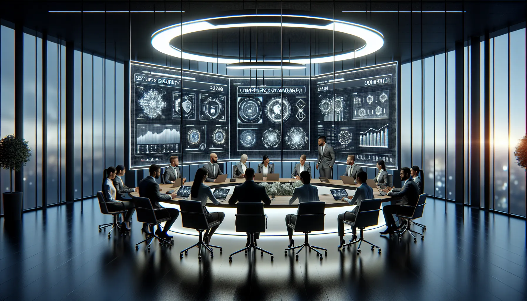 cybersecurity team discussing data protection strategies in a modern office.