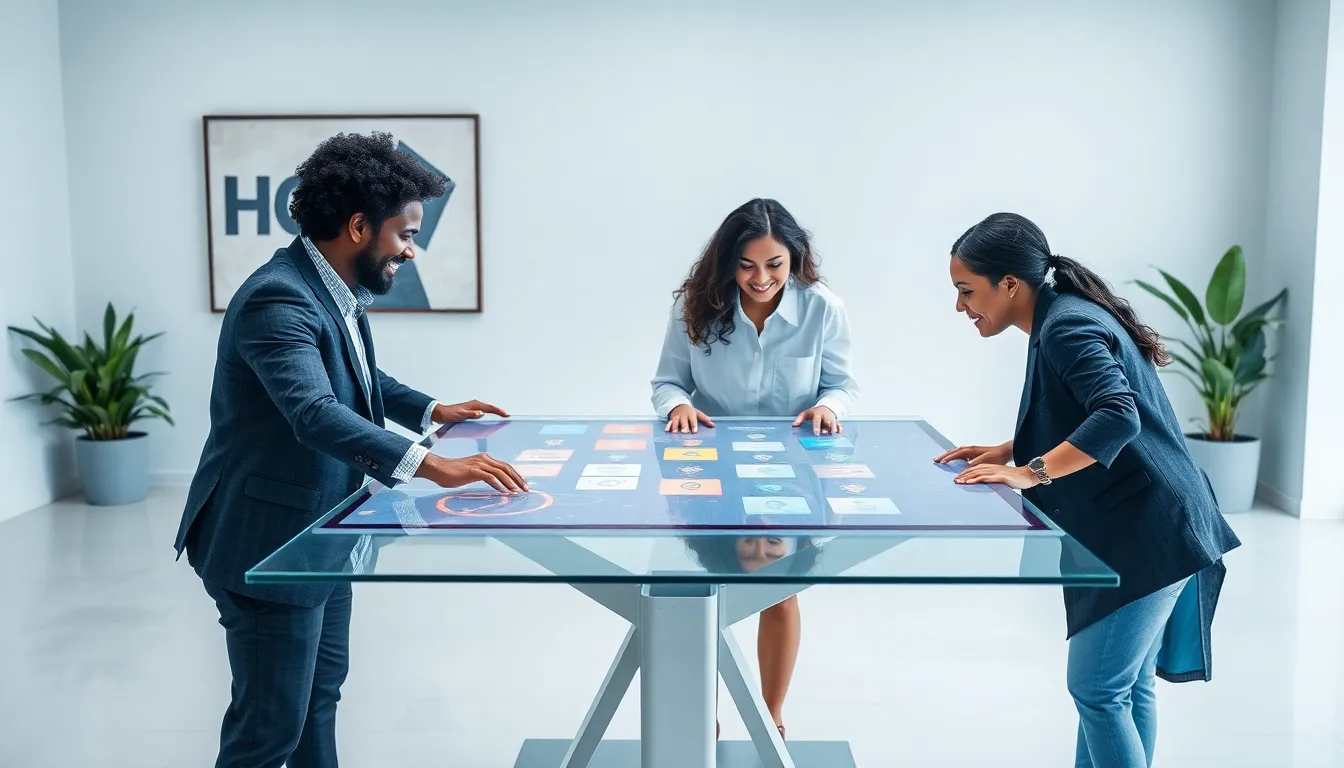 diverse professionals engaged with a digital networking platform in a modern office.