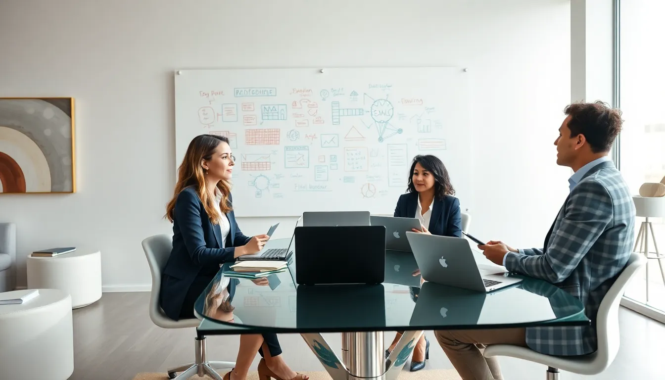 diverse entrepreneurs brainstorming in a modern conference room.