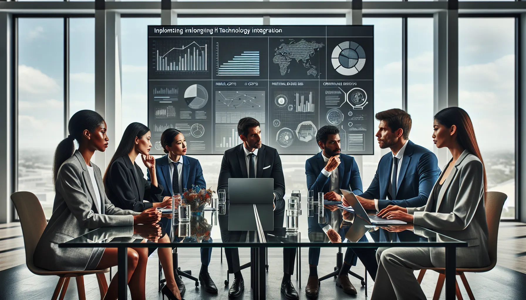 Lina966gh: The Future is Now 9 diverse professionals discussing technology implementation in a modern office.