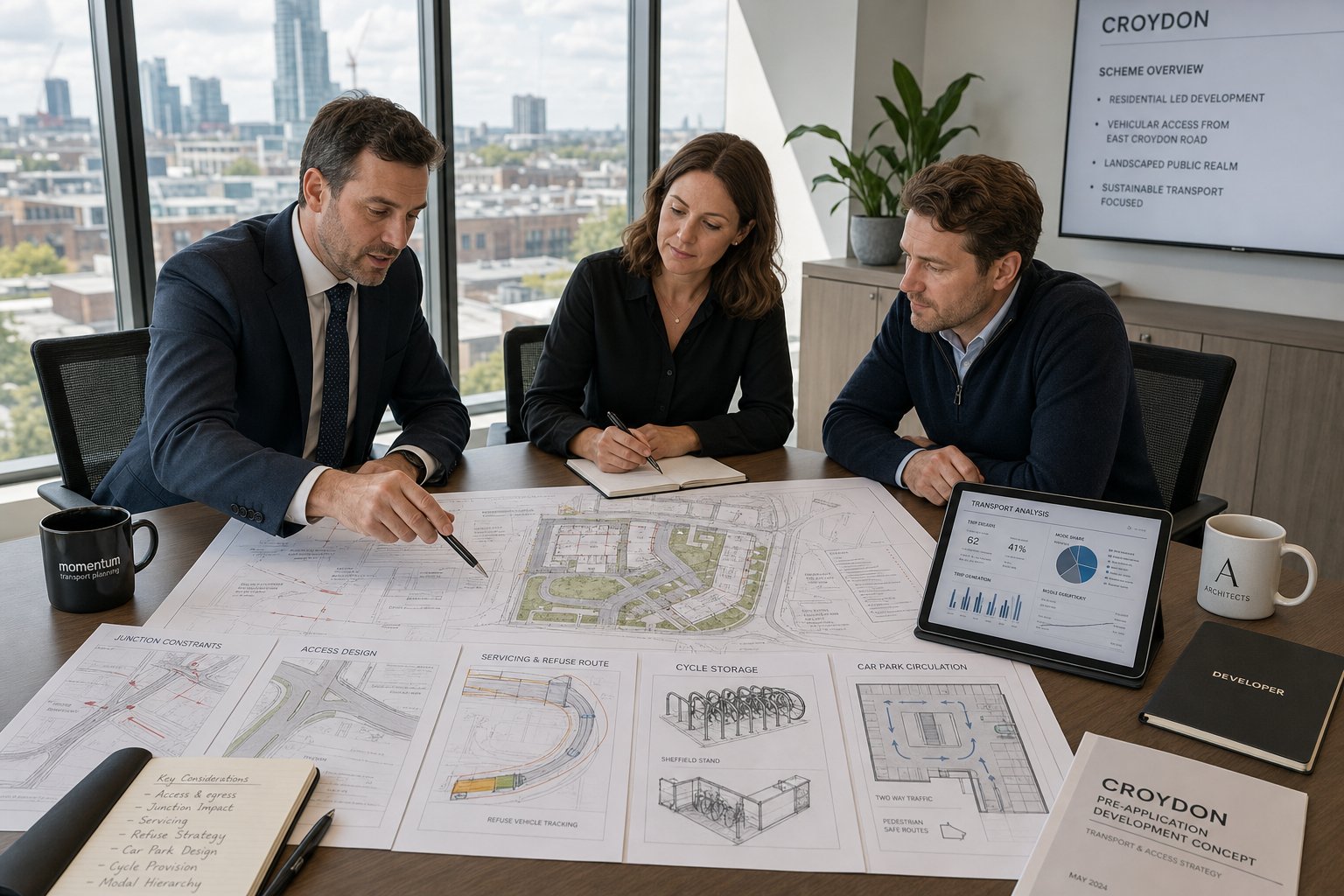 Traffic engineer reviewing development plans with a project team in office.