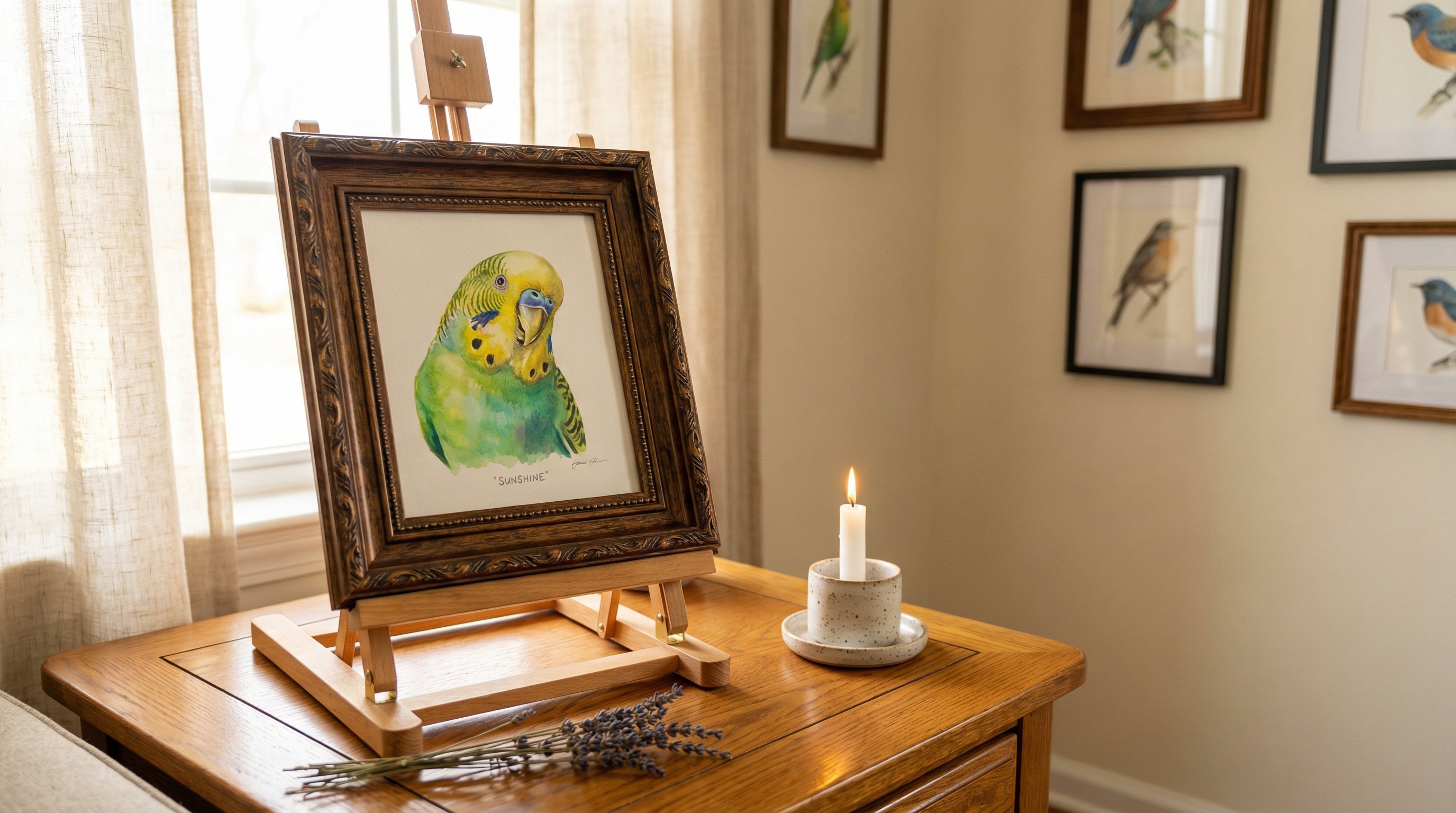 Framed custom watercolor portrait of a parakeet on a cozy living room table.