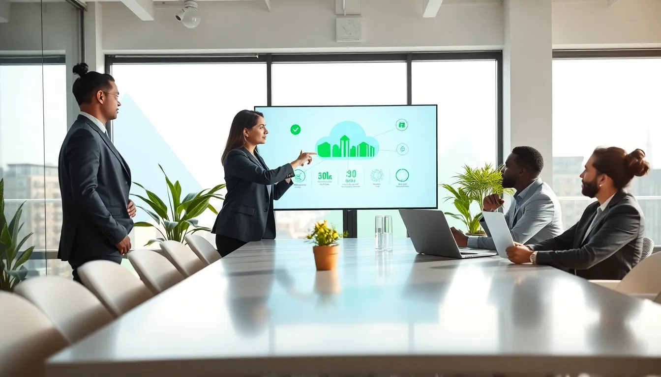 diverse team discussing green cloud computing strategies in a modern office.