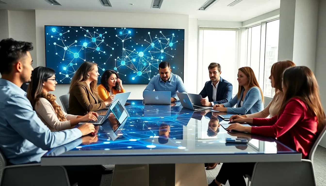 diverse professionals collaborating in a modern office environment.
