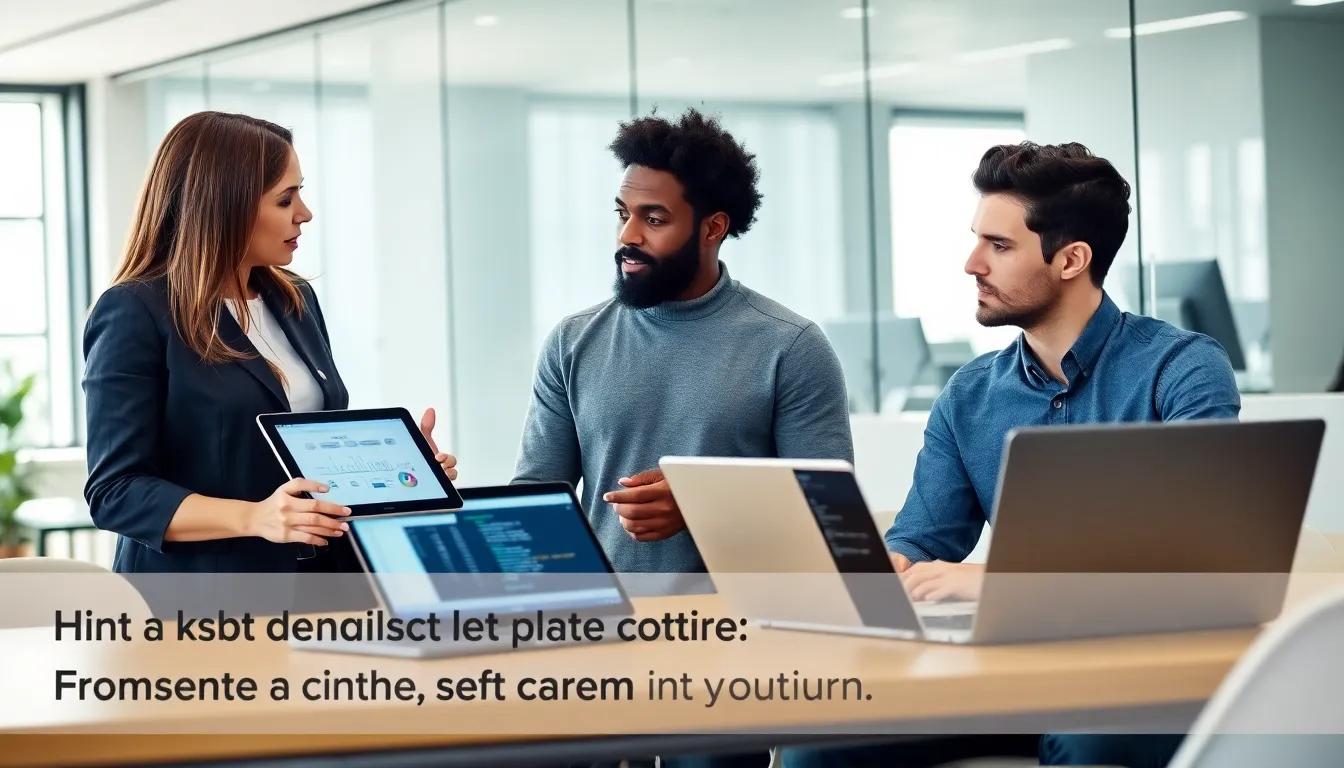 diverse software development team collaborating in a modern office.