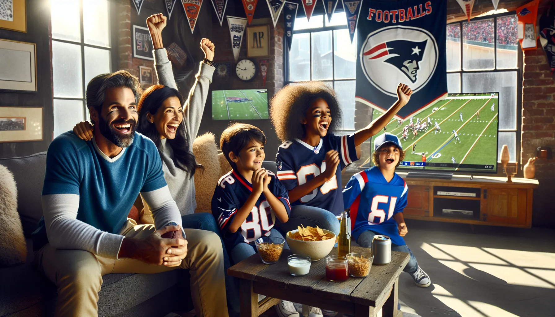 a family celebrating an NFL game together in a cozy living room.