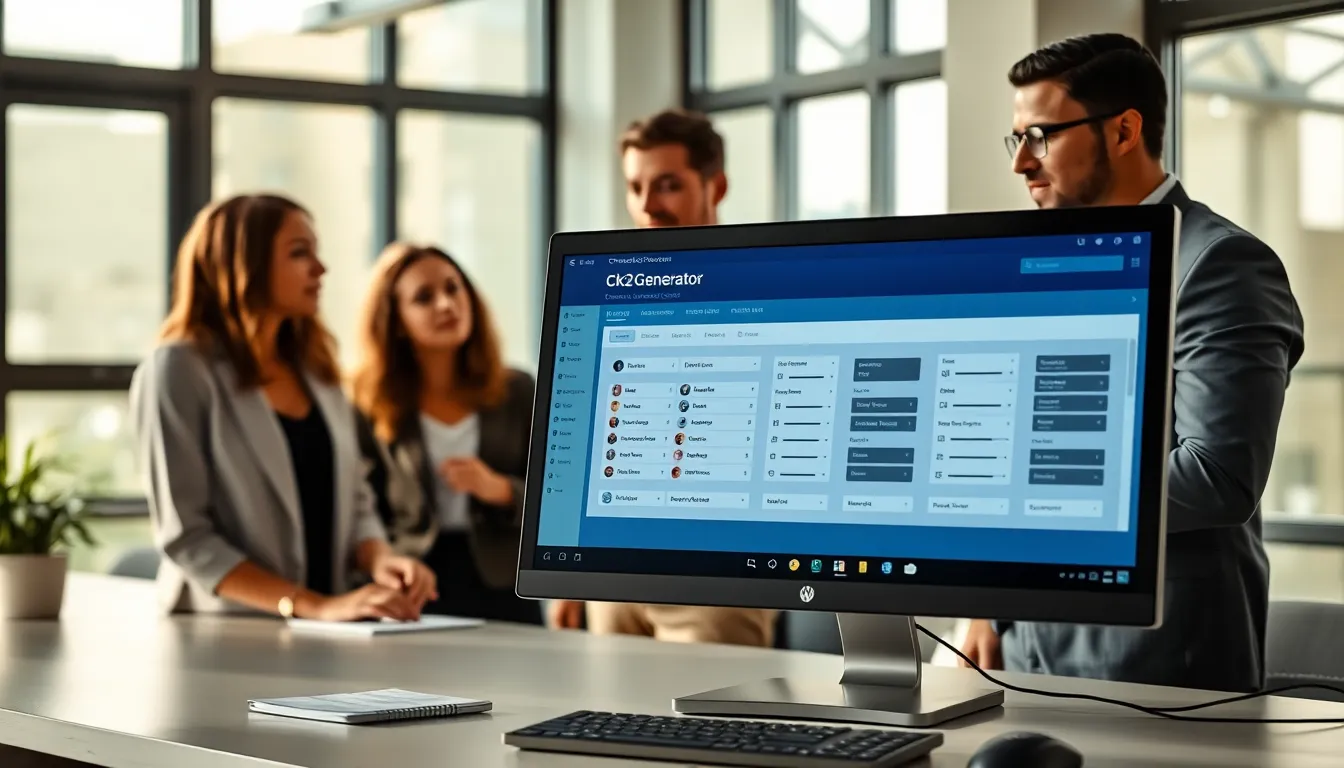 A diverse team collaborating over a character creation interface on a computer.