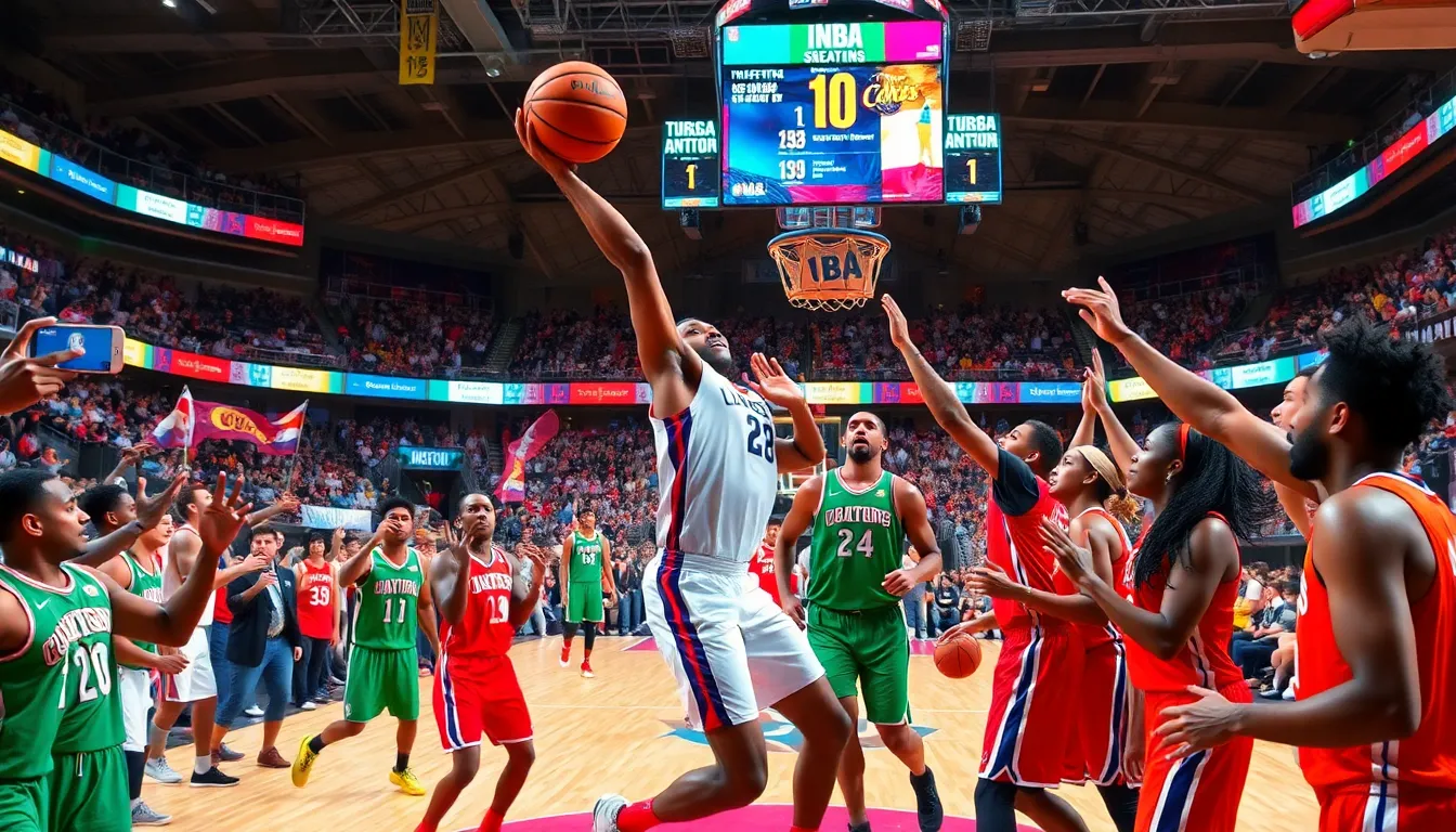 A basketball player leaps for a layup in a vibrant NBA arena.