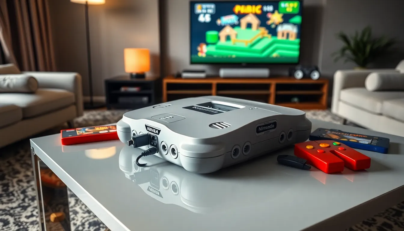 Nintendo 64 with Expansion Pak and game cartridges in a stylish setup.