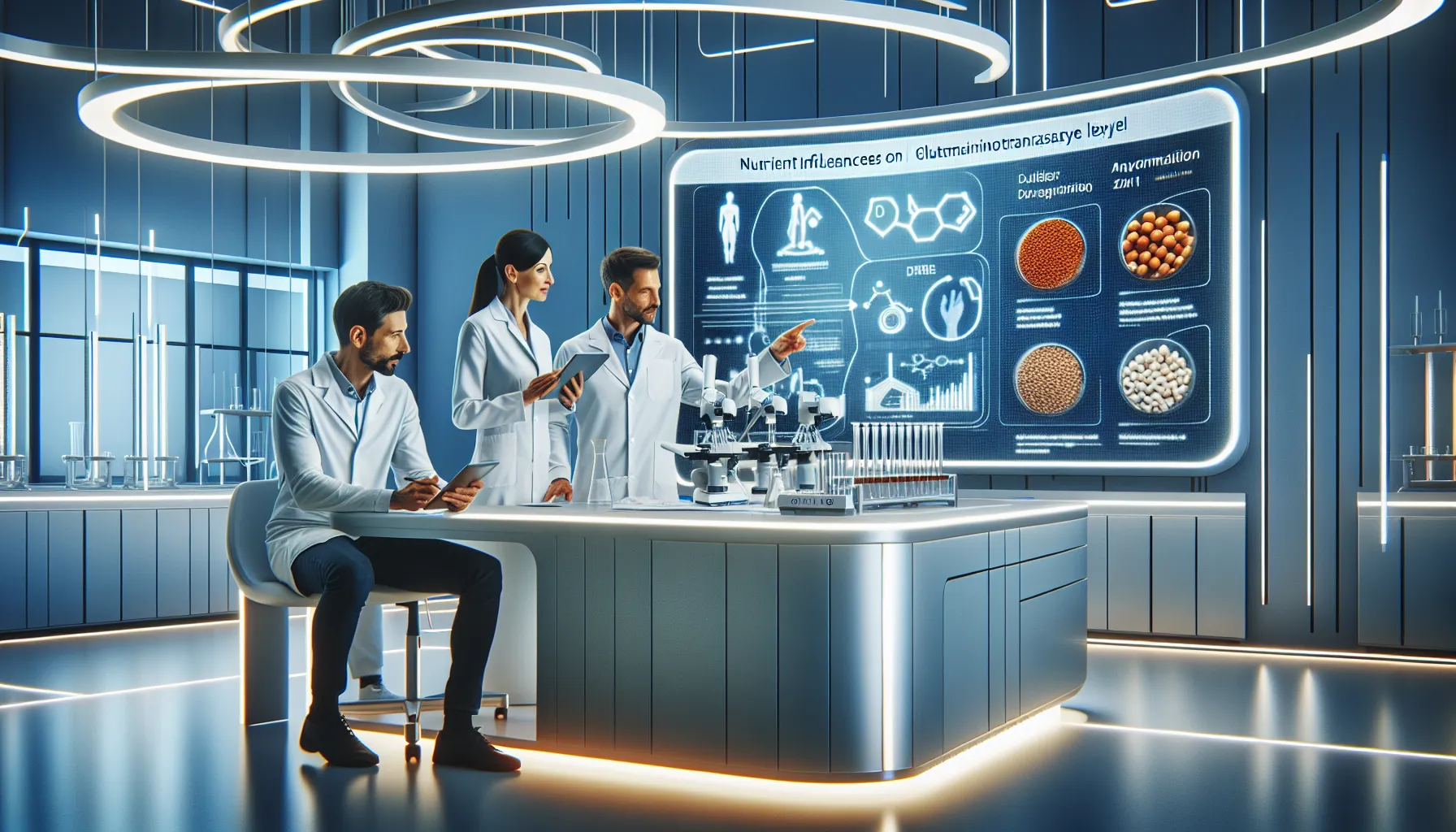 Scientists discussing glutaminotransferase activity in a modern laboratory.