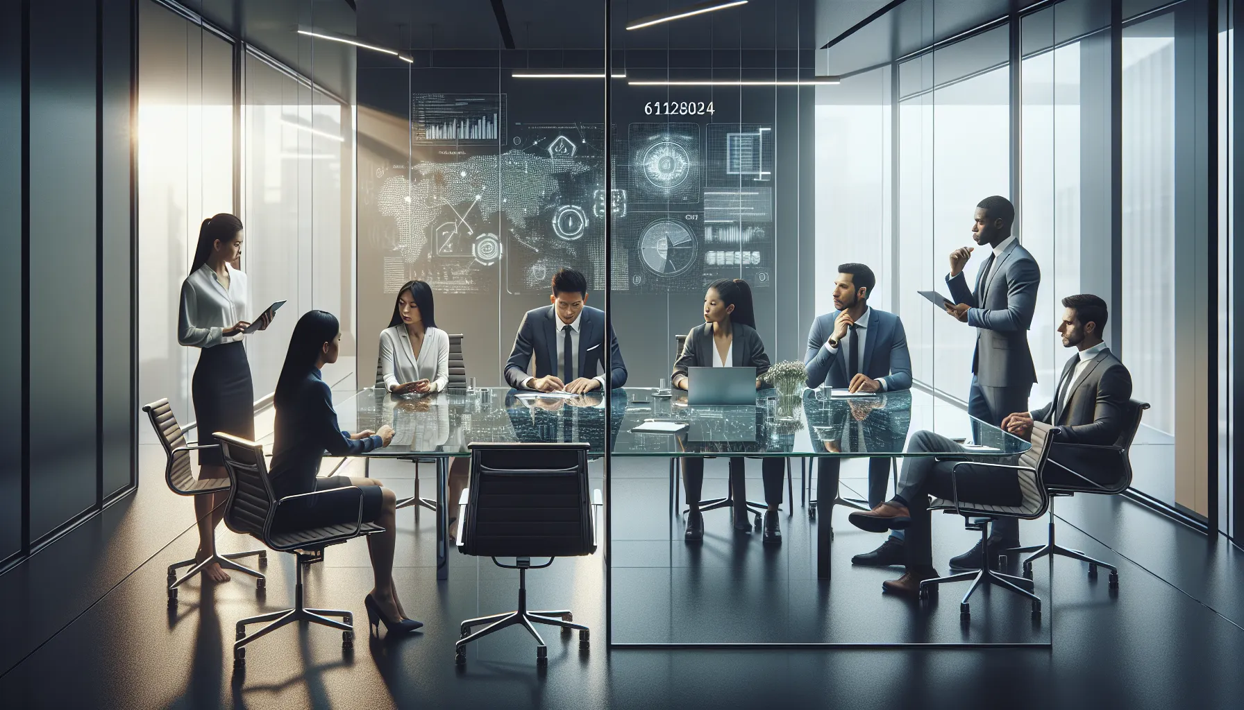 diverse professionals discussing data privacy in a modern office.