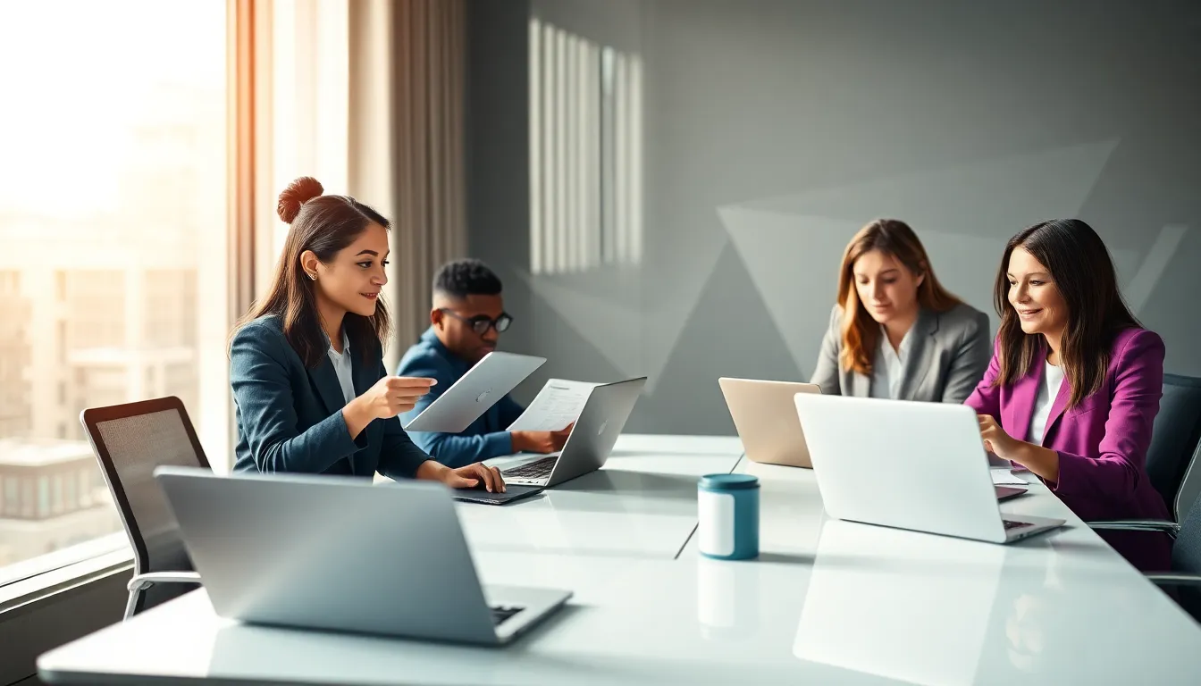 diverse team collaborating in a modern workspace on digital business solutions.