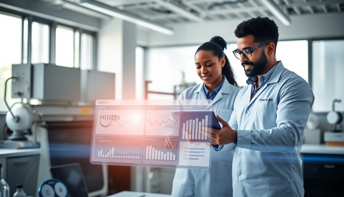 diverse team collaborating on advanced technology in a modern lab.